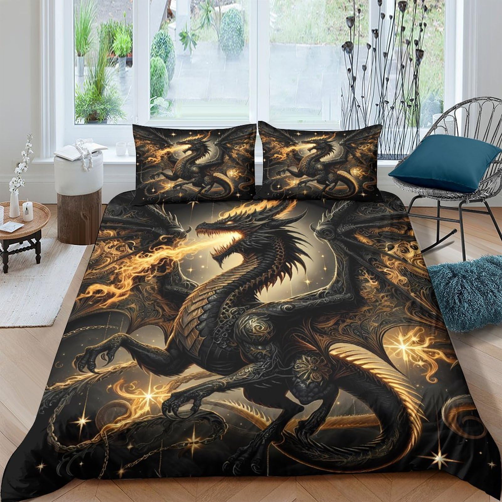 Ctjqhvkz Style-1 3D Printed Black Dragon Fitted Sheet Microfiber Artistic Gold Fire Bed Cover For Bedroom Dorm Mattress Protection Decor Single（135X200cm）
