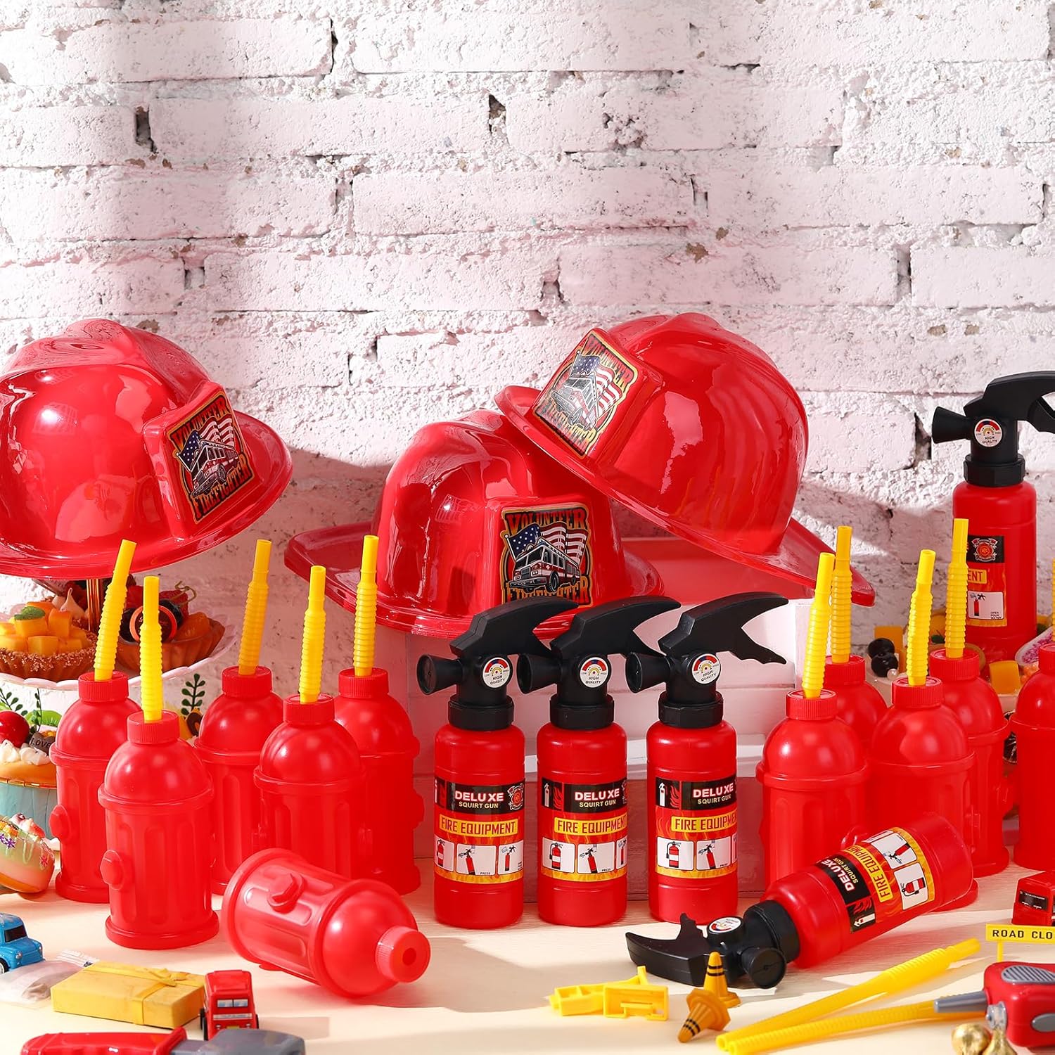 Liliful 36 Pcs Fireman Birthday Party Supplies Including 12 Firefighter Helmet 12 Fire Hydrant Cups with Lids 12 Fire Extinguisher Squirt Toys for Fire Theme Party Supplies