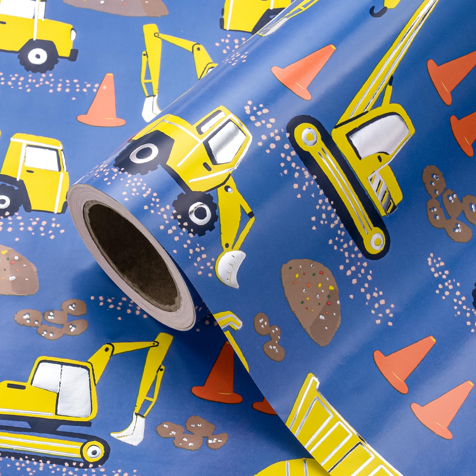 WRAPAHOLIC Wrapping Paper Roll - Mini Roll - 43.2cm x 5.2m - Silver Foil Digger Tractor Truck Design Perfect for Kids Boys Birthday Baby Shower