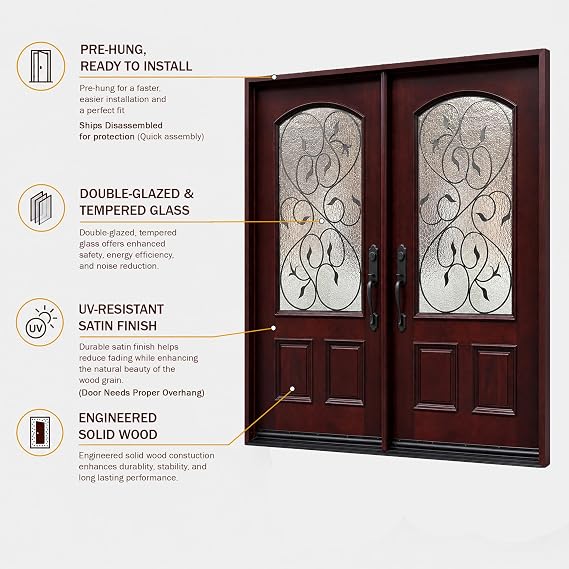 BGW Solid Wood Entry Door M002 Exterior Pre-Hung and Prefinished 61 1/4,(65 1/4 or 73 1/4) X 81 X 5 1/4 (Righthand Swing, 37 1/ x 81 x 5 1/4)