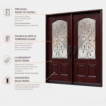 BGW Solid Wood Entry Door M002 Exterior Pre-Hung and Prefinished 61 1/4,(65 1/4 or 73 1/4) X 81 X 5 1/4 (Righthand Swing, 37 1/ x 81 x 5 1/4)