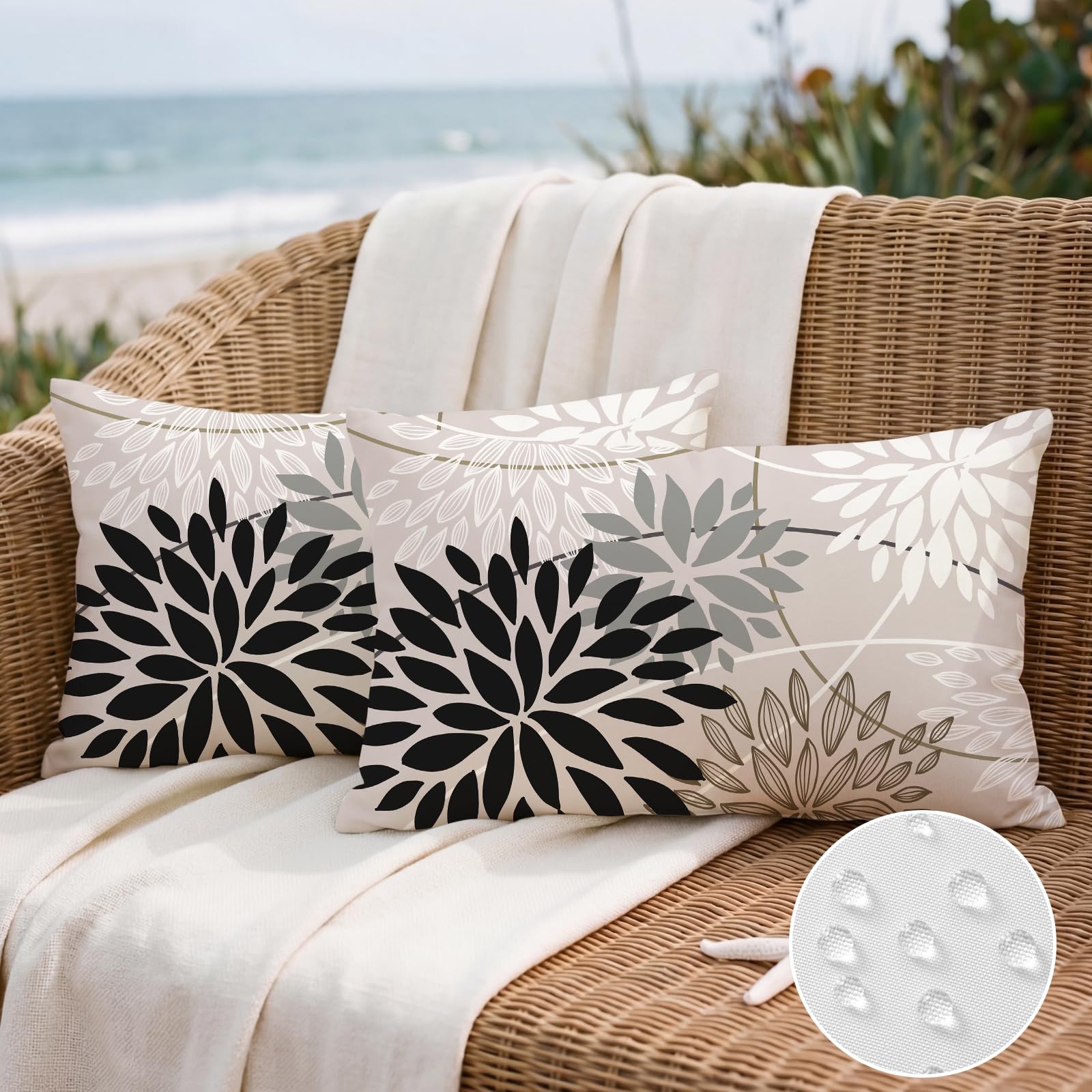 Artscope Outdoor Waterproof Black Light Gray Cushion Covers Geometric 30x50cm Set of 2 White Brown Dahlia Floral Pillowcases Outdoor Flowers Pillow Covers for Patio Garden Bench Sofa Farmhouse Decor — image 1