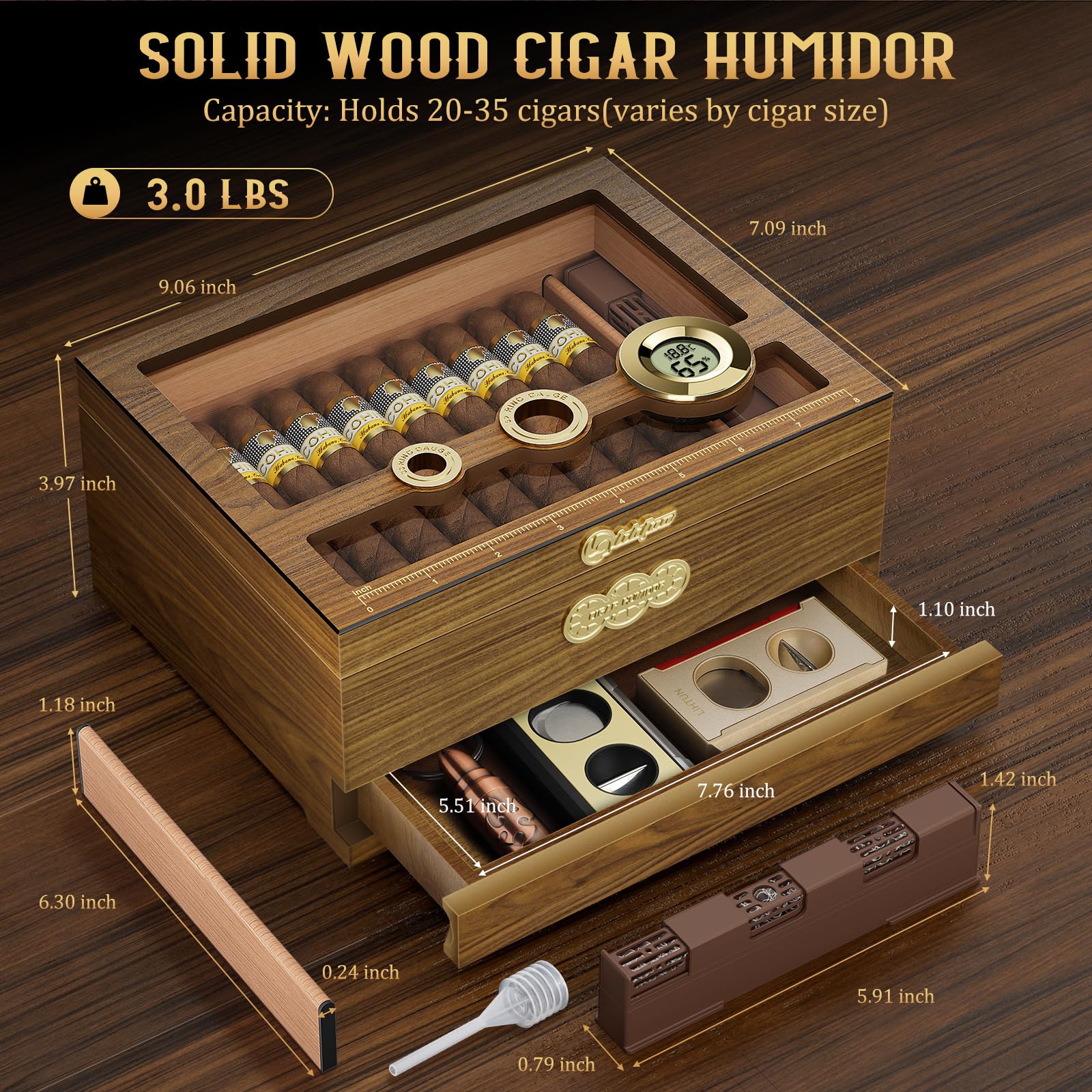 LIHTUN Zigarren Humidor, Glas Top Desktop Humidor Box, Zigarren Geschenke für Männer, Zedernholz Zigarrenkoffer mit Digital Hygrometer, Luftbefeuchter, Messskala und Zigarren Zubehör Schublade