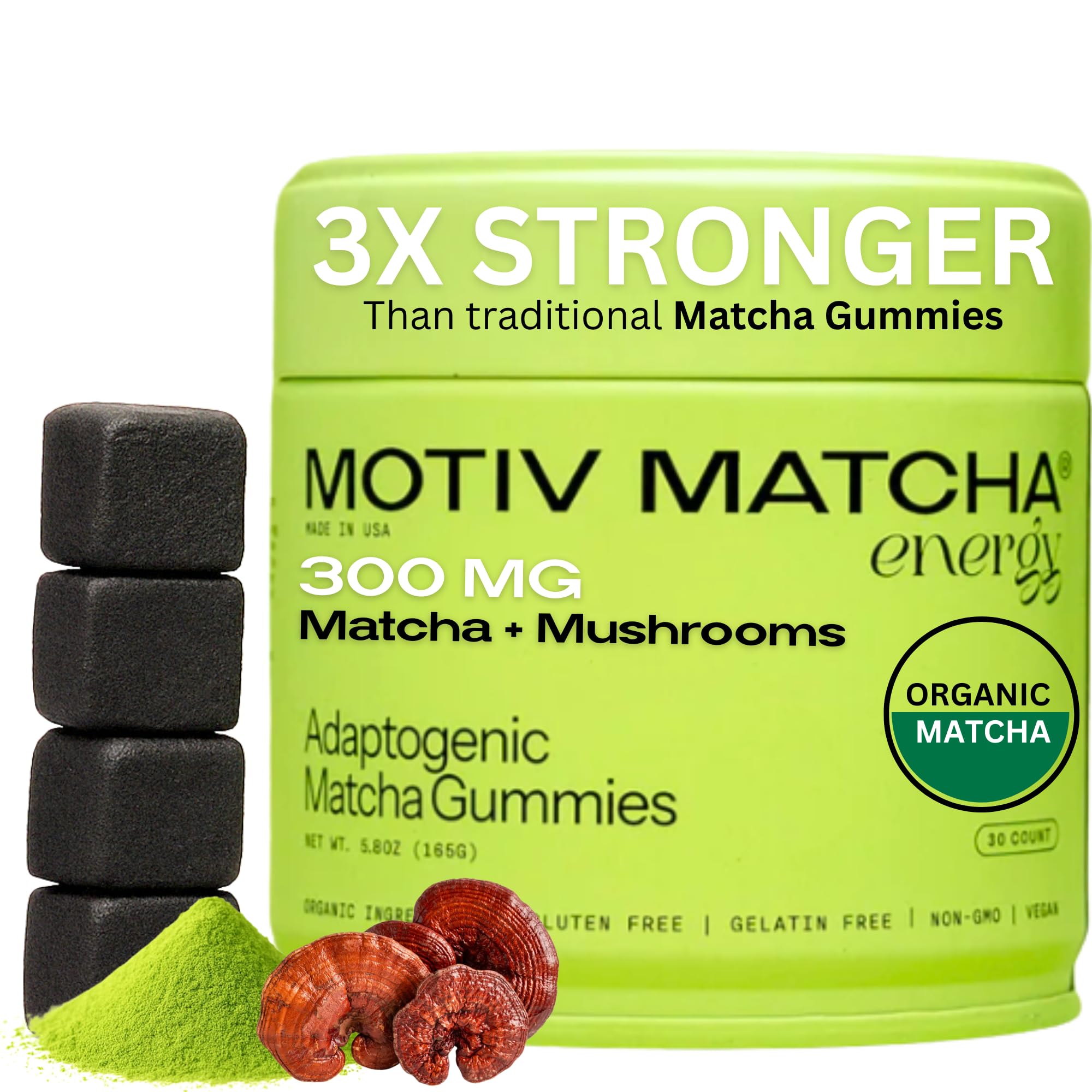 Motiv Matcha Organic Matcha & Mushroom Energy Gummies | Ceremonial Grade Matcha + Cordyceps, Reishi, Panax Ginseng & Rhodiola | Clean Sustained Energy, Focus & Stress Support | Vegan, Non-GMO
