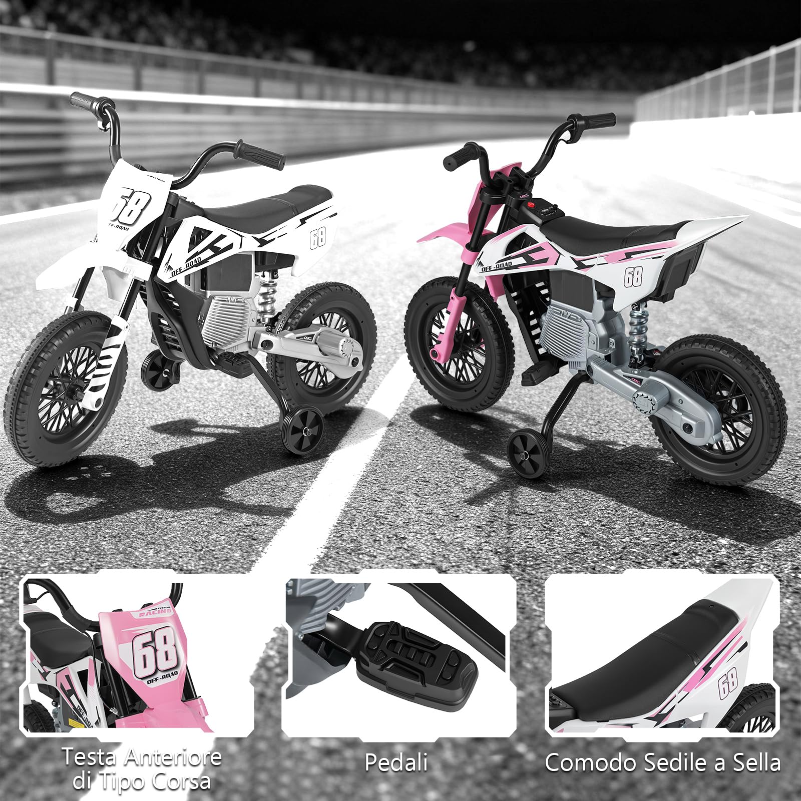 COSTWAY 12V Moto Elettrica per Bambini, Motorino Elettrico con Ruote di Allenamento Rimovibili, Sospensione a Molla, Musica e Connessione Wireless, Motocicletta Cavalcabile per 3-8 Anni (Rosa)