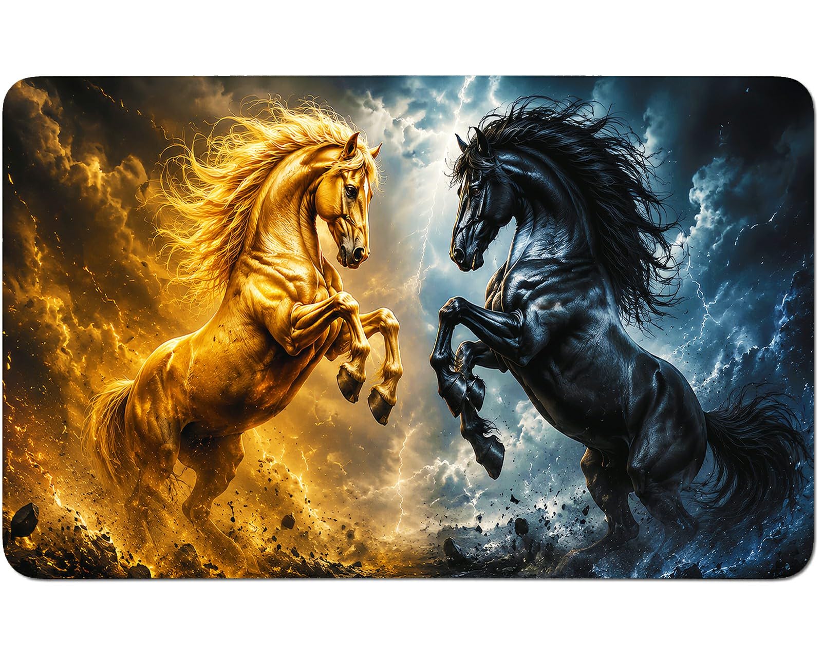 RWUTYTIUL Yellow Black Horse for TCG Playmat 24 X 14 Inch with Play Zones, Stitched Card Game Mat for Commander Board MTG RPG CCG Desktop Tablet Mouse Pad for Enthusiasts Playing Accessories
