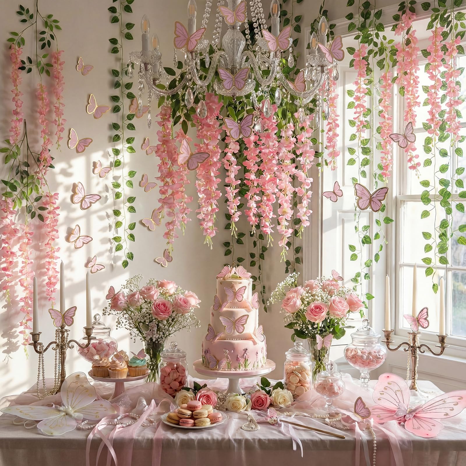 Photo 1 of Canlierr 58 Pcs Fairy Party Garland Decoration Artificial Wisteria Hanging Flowers Garland 3.6 Feet Vine Rattan Ivy Greenery Butterfly Decor for Spring Home Garden Wedding Party(Pink, White)