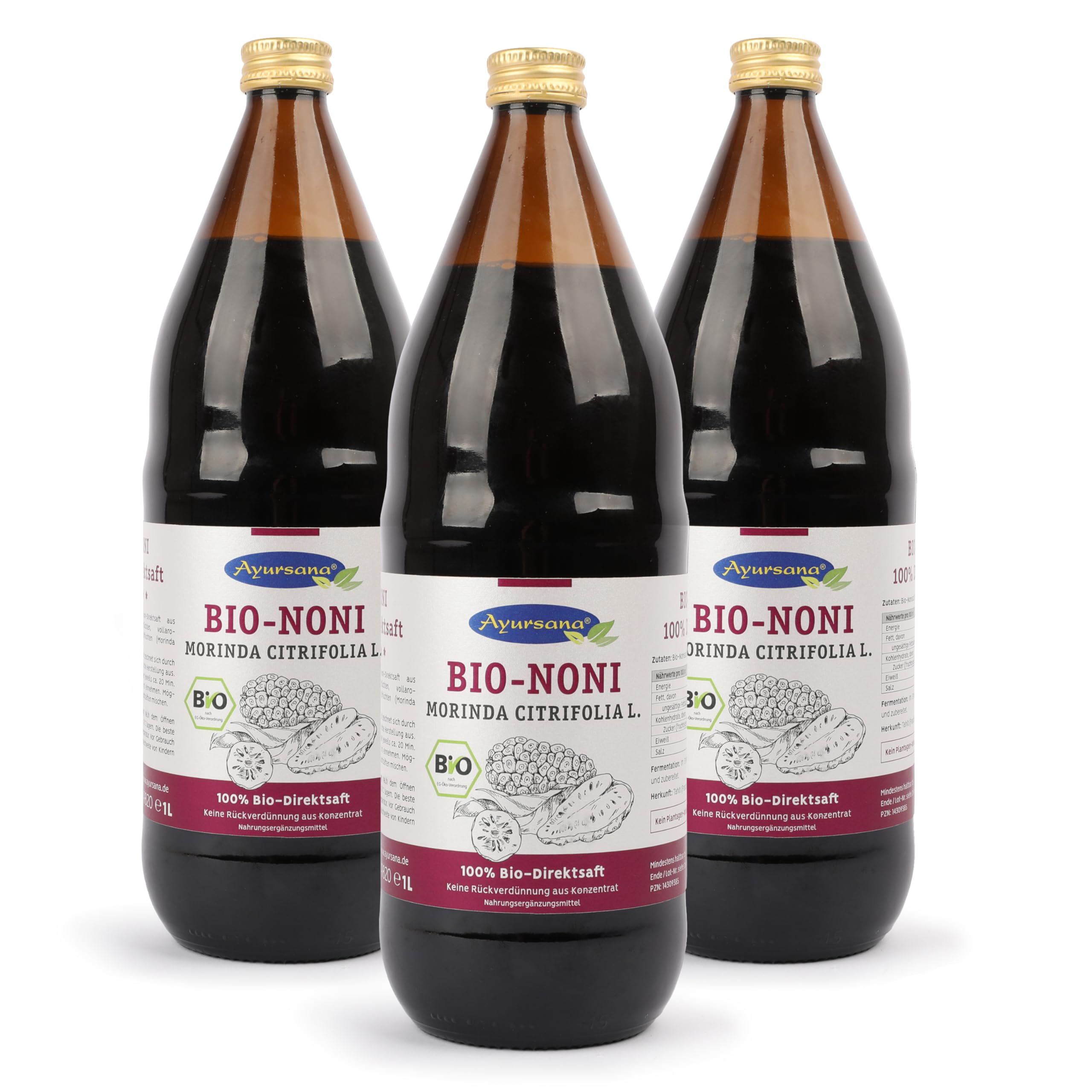 Ayursana Nonisaft 3x1 Liter, Bio-Qualität & 100% Direktsaft, purer Noni Saft abgefüllt und fermentiert im Ernteland Samoa, zum Beimischen für Bowls, Smoothies & Getränke