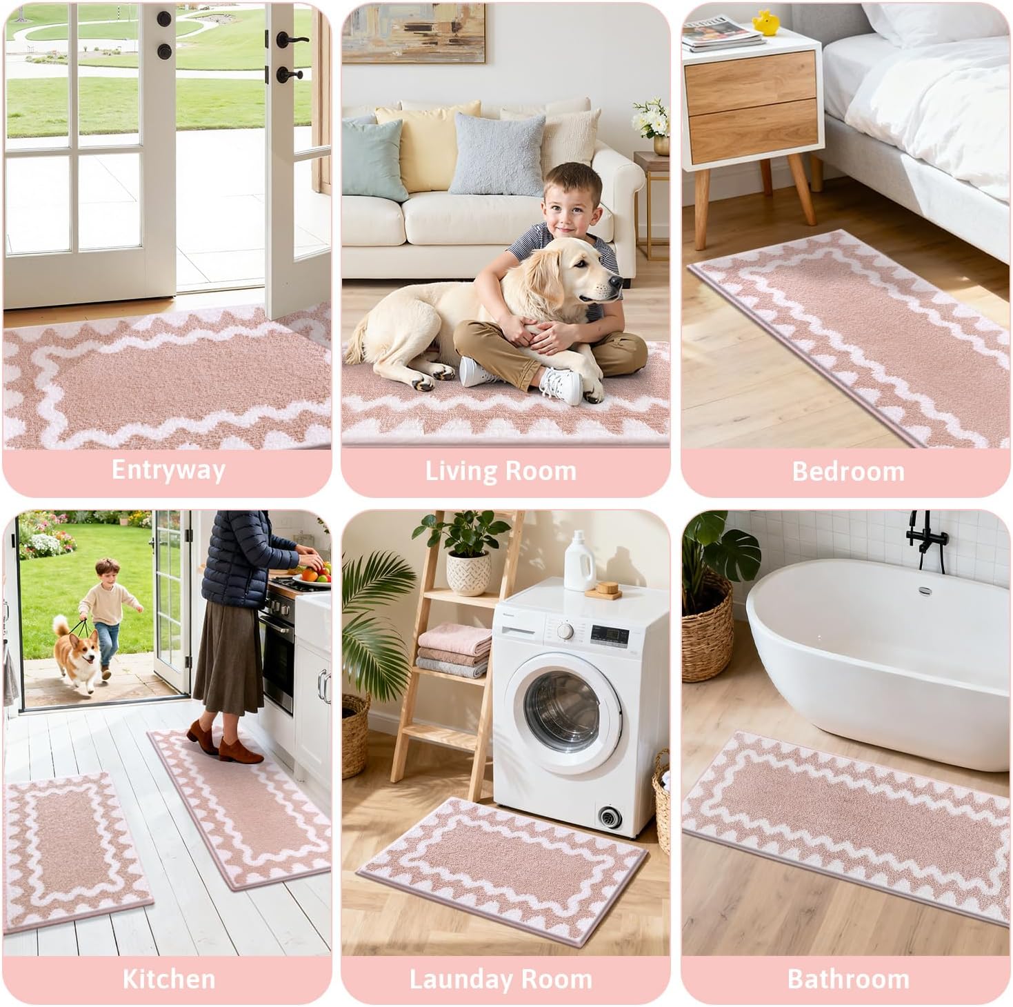 Findosom Bathroom Rugs Sets 5 Piece, Absorbent Soft Non-Slip Washable Microfiber Shaggy Bath Mat Set with Bathroom Runner Rug, U-Shaped Toilet Rugs, Shower Rug & Toilet Lid Cover, Pink-White - Image 9