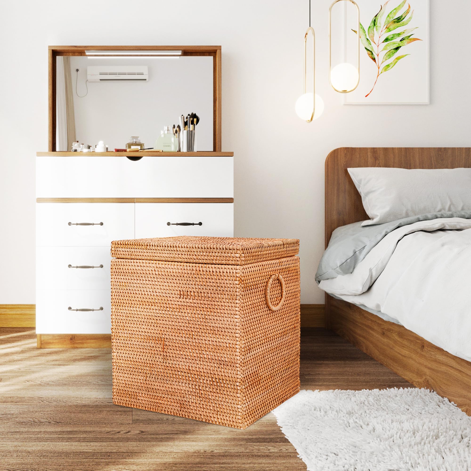 Rattan-Wäschekorb mit Deckel und Beutel, gewebter Stoffkorb mit Griffen, 40 cm L x 30 cm B x 42 cm H