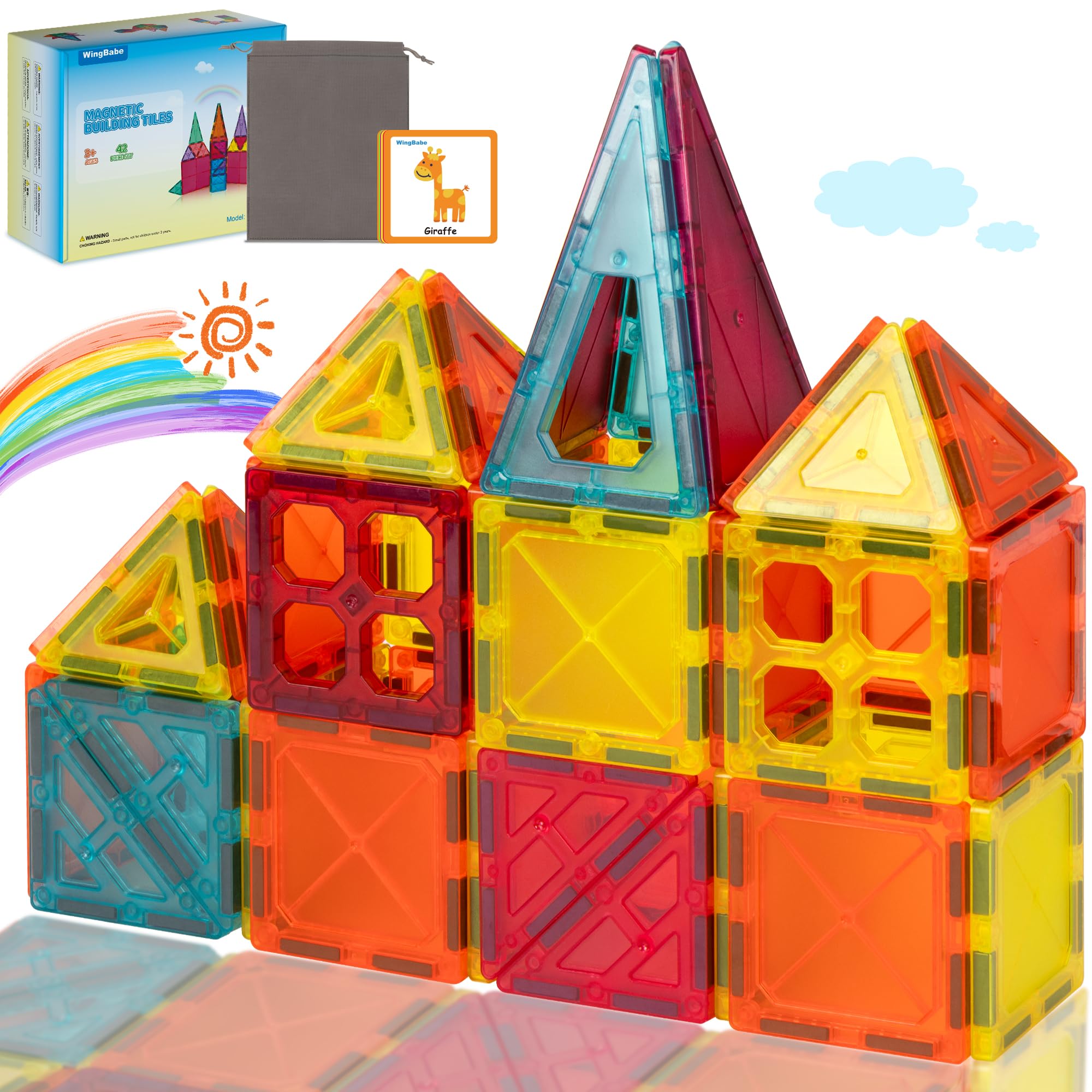 Magnetic Building Tiles 42PCS WINGBABE 3D Stronger Magnetic Construction STEM Creativity Educational Toys for Age 3+ Year Old Girls and Boys, with Storage Bag & Cartoon Paper