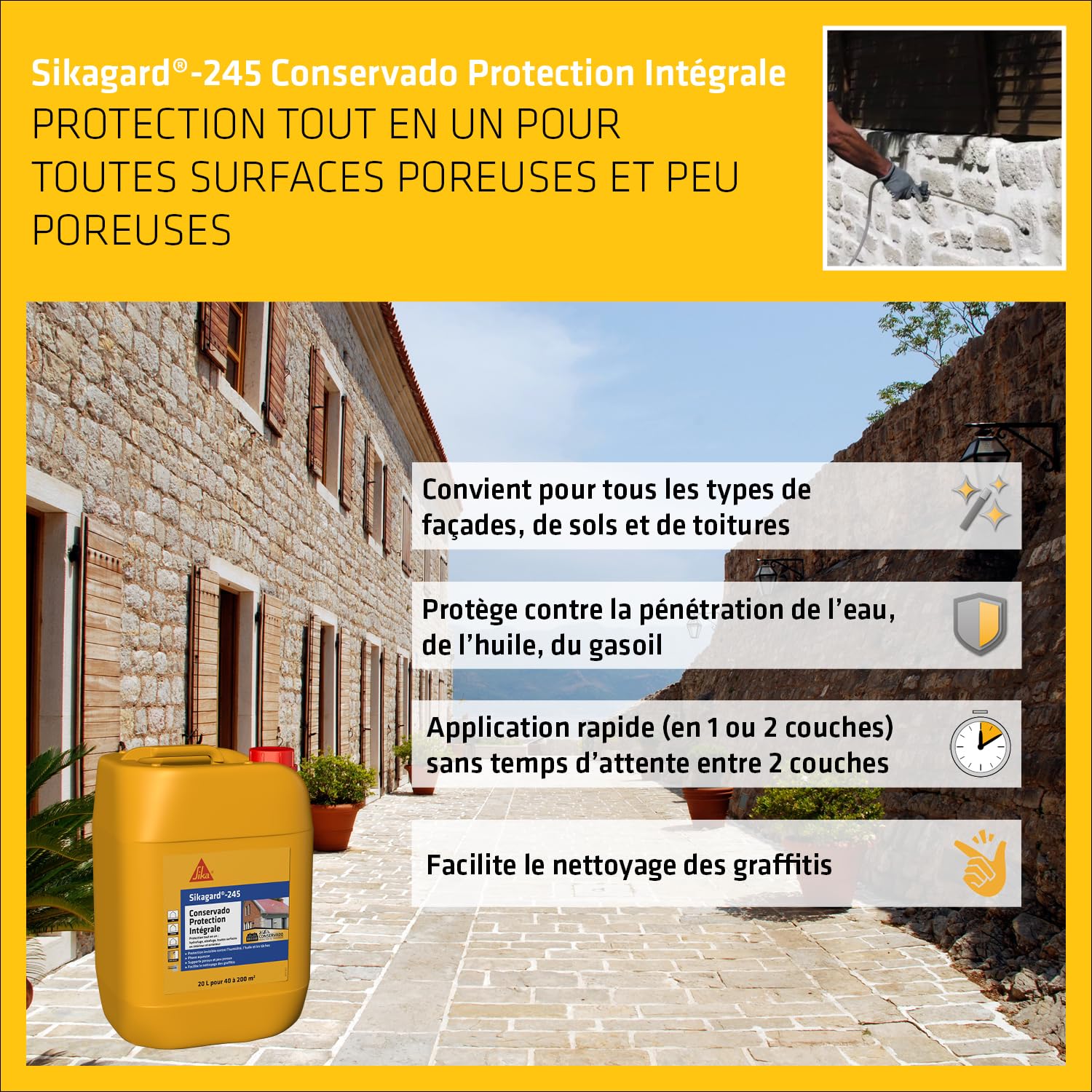 SIKA - Protection hydrofuge tout en 1 - Pour façade, toiture, terrasse et sol - Prêt à l'emploi - 20L + Mastic-Colle PU - Tout en 1 - Multi-matériaux - Int/Ext - Blanc- 300ml + Pistolet d'application