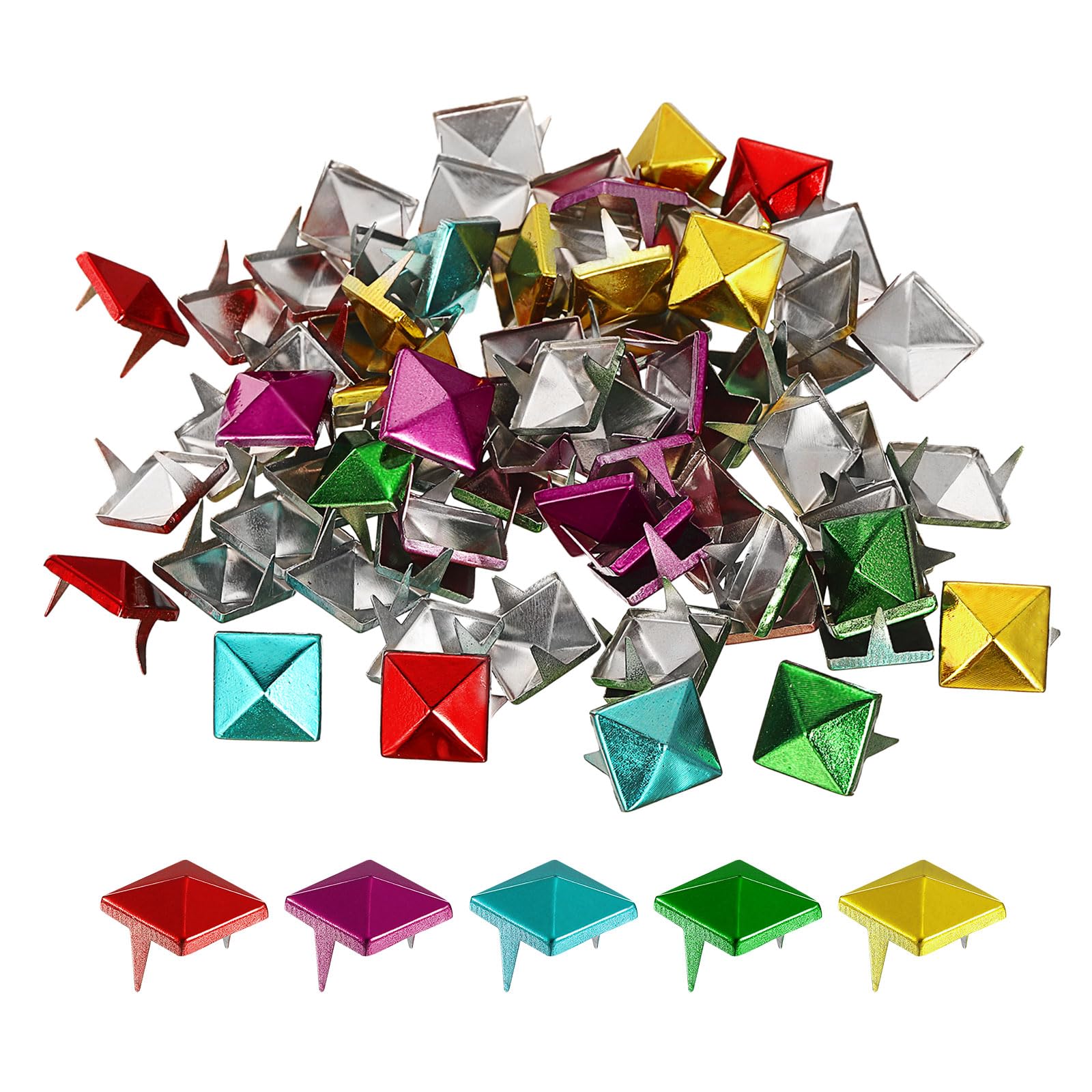sourcing map100Pcs Square Pyramid Rivets, 12mm Two-Jaw Studs Spikes, Copper Punk Rock Nailhead Spots for Clothing Bag Leather Shoes (5 Colors)