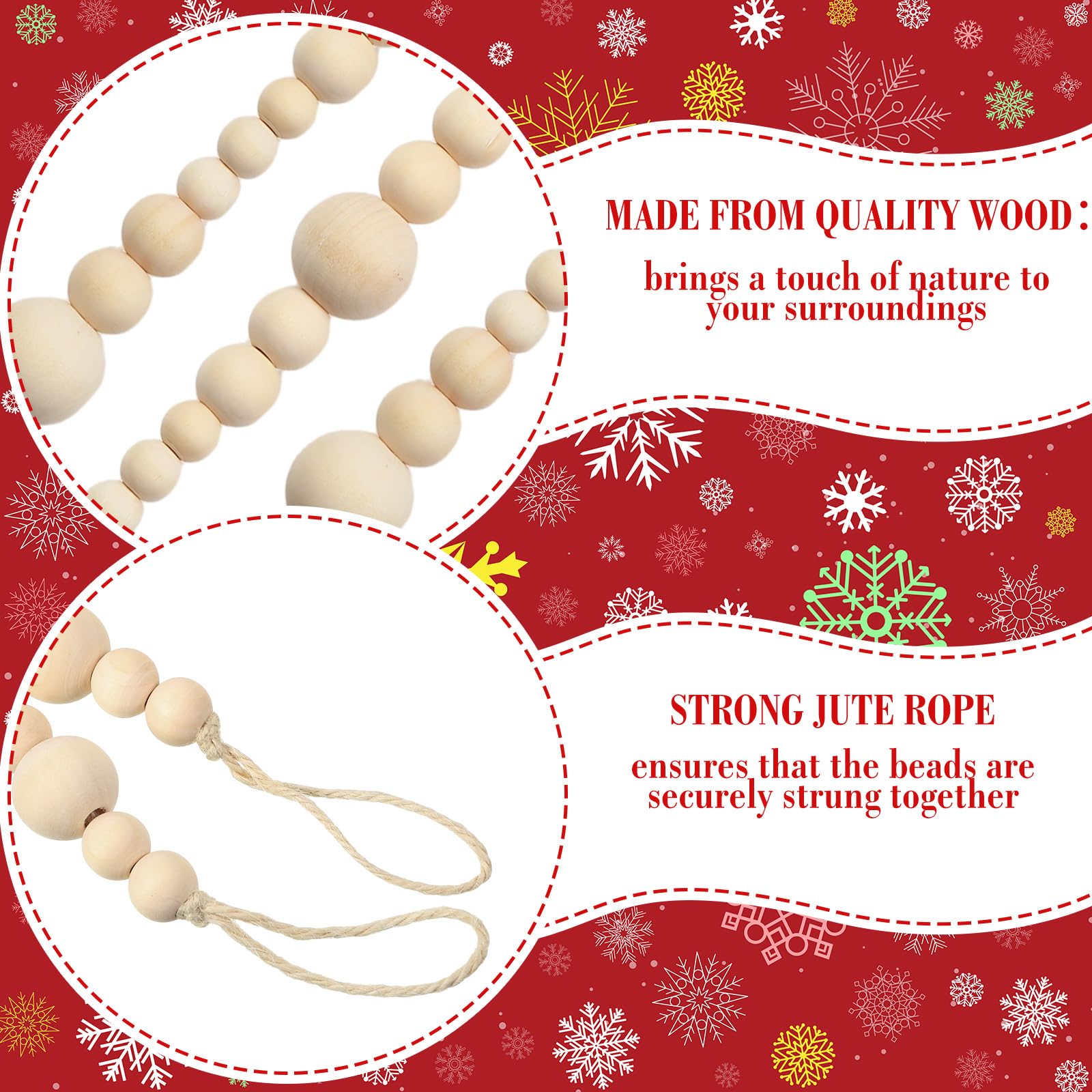 Giegxin Guirlande de perles en bois de 10 m - 12/16/25 mm - Perles en bois de style rustique - Décoration murale - Perles de prière naturelles pour Noël, les vacances, la maison, la table, l'arbre
