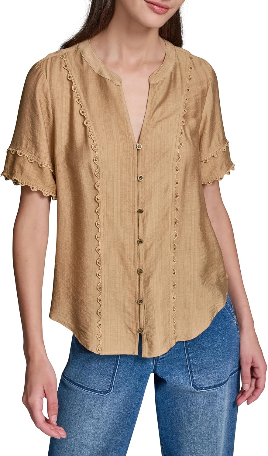 Karl Lagerfeld Women's Short Sleeve Gold Nailhead Details Blouse