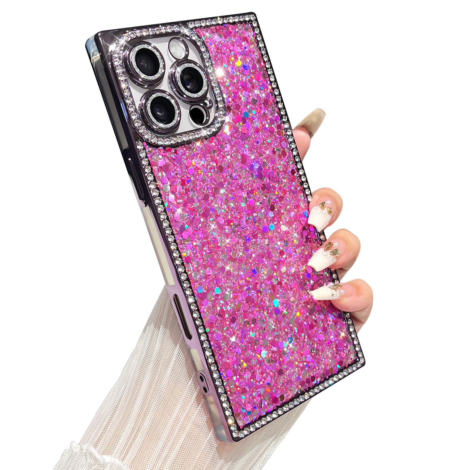 Yeddabox for iPhone 16 Pro Max Case Glitter, Luxury Sequin & Diamond Rectangle Cover with Reinforce Corner, Soft Shockproof Protective Electroplated