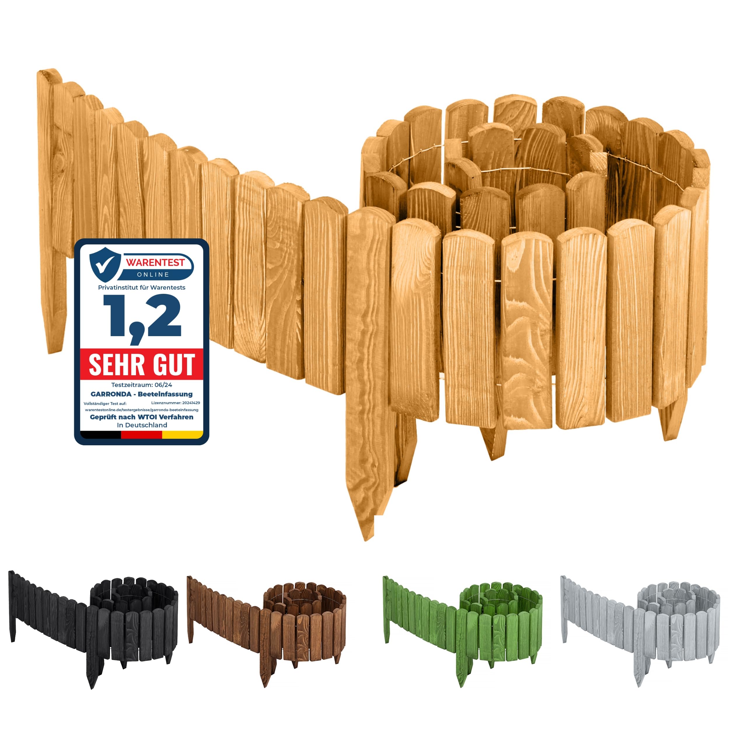 Garronda Rasenkante Beeteinfassung aus Holz flexibel 200 x 20 cm Rollborder für Rasen und Beet Beetumrandung und Beetbegrenzung Gartenzaun zum Stecken Holzzaun GD-0046 (Hellbraun)