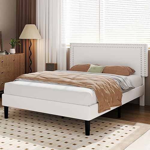 Miniatura 8 de VECELO Base de cama de tamaño matrimonial con cabecera tapizada ajustable, plataforma de listones de madera, diseño sin ruido, fácil montaje