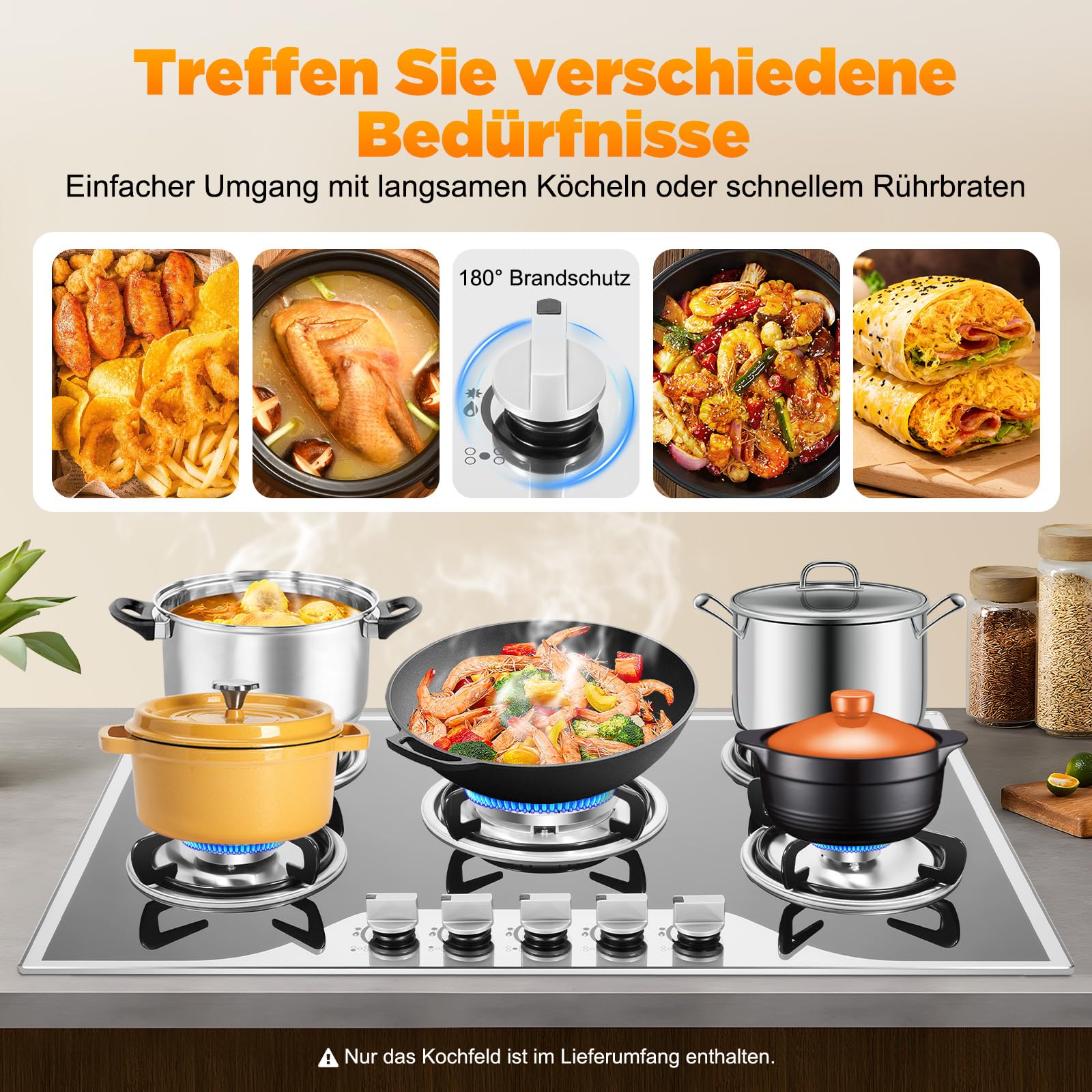 5 Flammig Gaskochfeld für Propan- und Erdgas Gehärtetem Glas Propangas Kochplatte, Campingkocher Gas-Herdplatte mit 5 Flammen, Gasherd für Camping Wohnmobil Küche