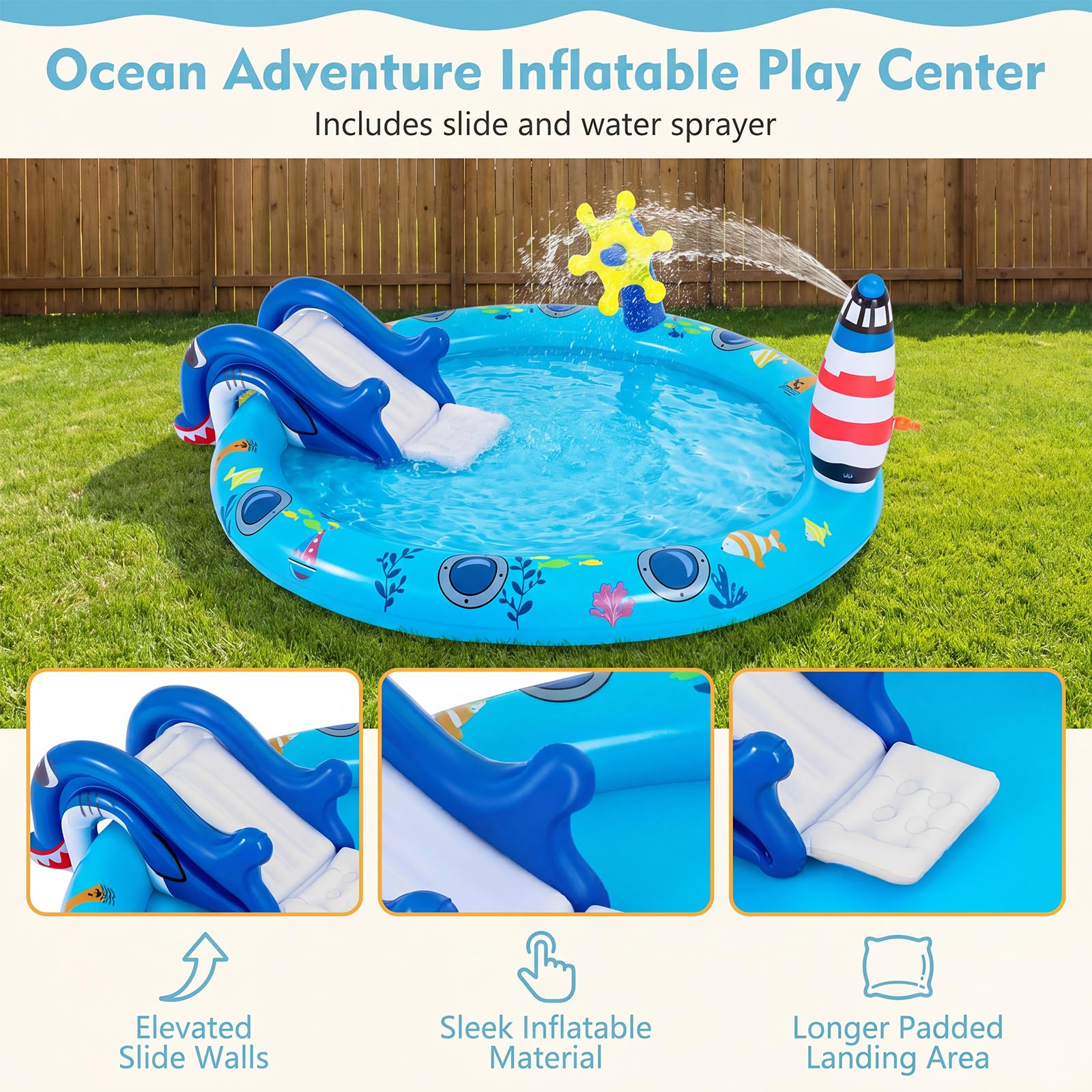 HOMASIS Piscina Gonfiabile per Bambini 2-6 Anni, Piscinetta con Scivolo Sicuro, Spruzzo a Faro e Giocattoli, Parco di Giochi in Vinile, Gonfiaggio Facile, per Cortile e Giardino, 188 x 153 x 63 cm