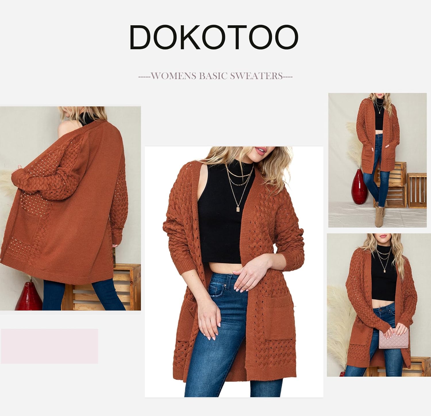 Dokotoo Women`s 2023 Fashion Casual Open Front Long Sleeve Chunky Cable Knit Cardigans Sweaters Outerwear Coats with Pockets