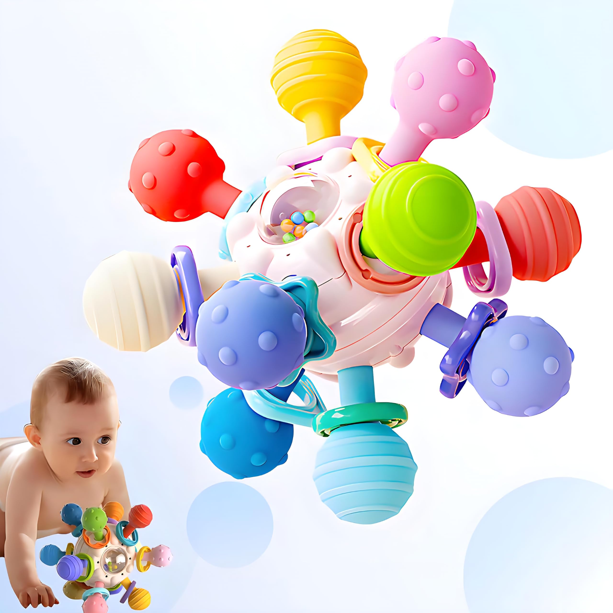 Brand Conquer Silicone Baby Ball Toy, BPA-Free Sensory Teething Toy for 3+ Months, Soft Chewable Textured Teether with Rattle, Colorful Grasping & Development for Infants (Montessori Teether Pink) - Image 7 thumbnail