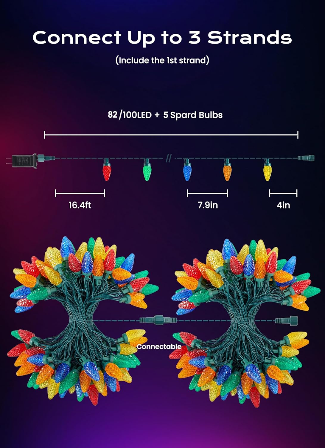 C9 Christmas Lights Outdoor, 82 FT 100 LED Connectable C9 String Lights with 8 Modes and Timer Extendable Xmas Tree Patio Roofline Garden Yard Holiday Party Indoor Outdoor Decoration, Multicolor