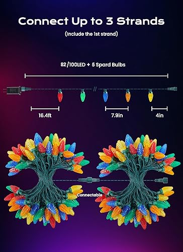 Miniatura 3 de Luces de Navidad C9 para exteriores, 82 pies, 100 luces LED conectables C9 con 8 modos y temporizador extensible, árbol de Navidad, patio, techo,