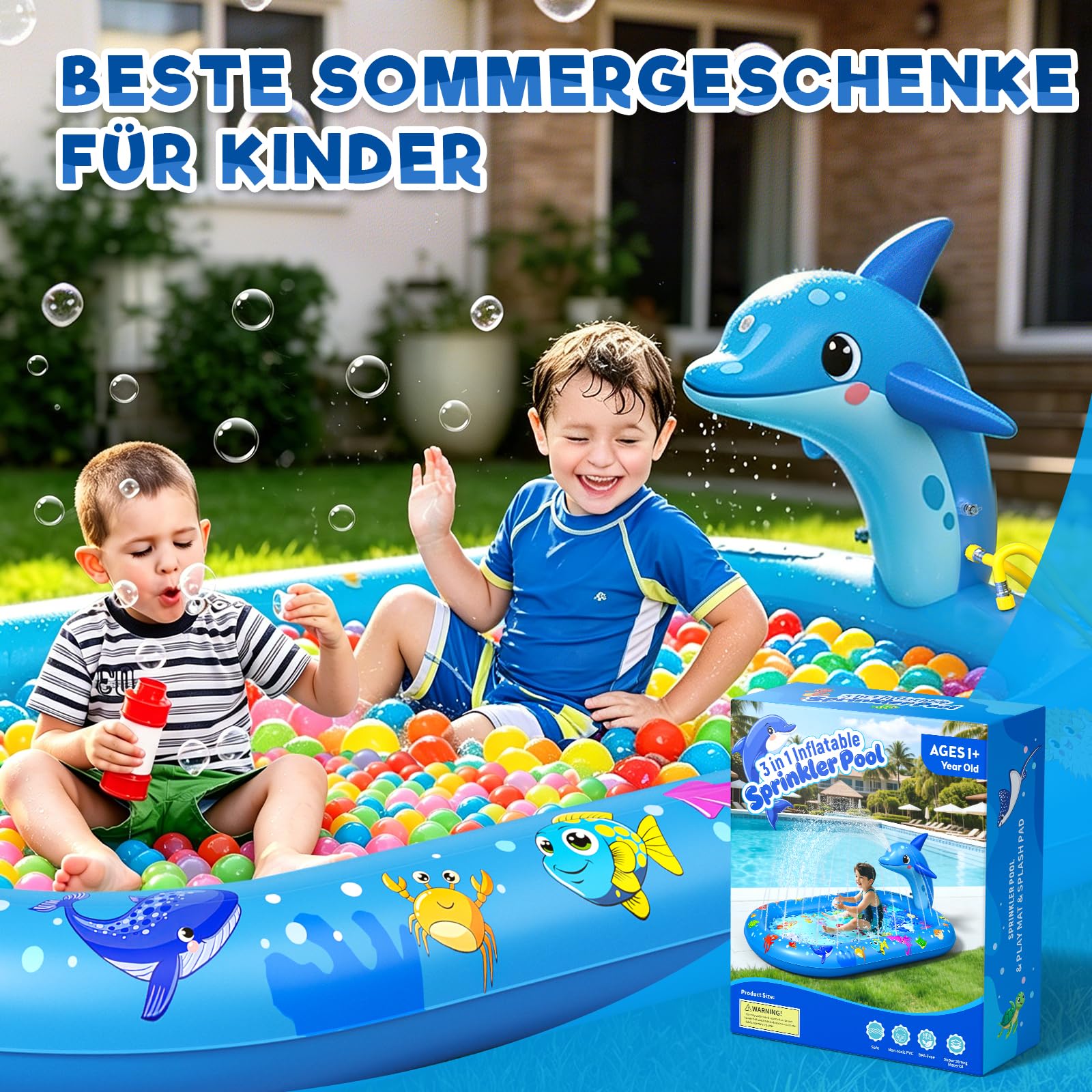 Planschbecken für Kinder, 3 in 1 Delfin Kinderpool, Planschbecken Baby, Watermatte für Kind, Verdicktes Material mit Wasserschlauch, Sommer Garten Wasserspielzeug für Jungen und Mädchen ab 1 Jahr