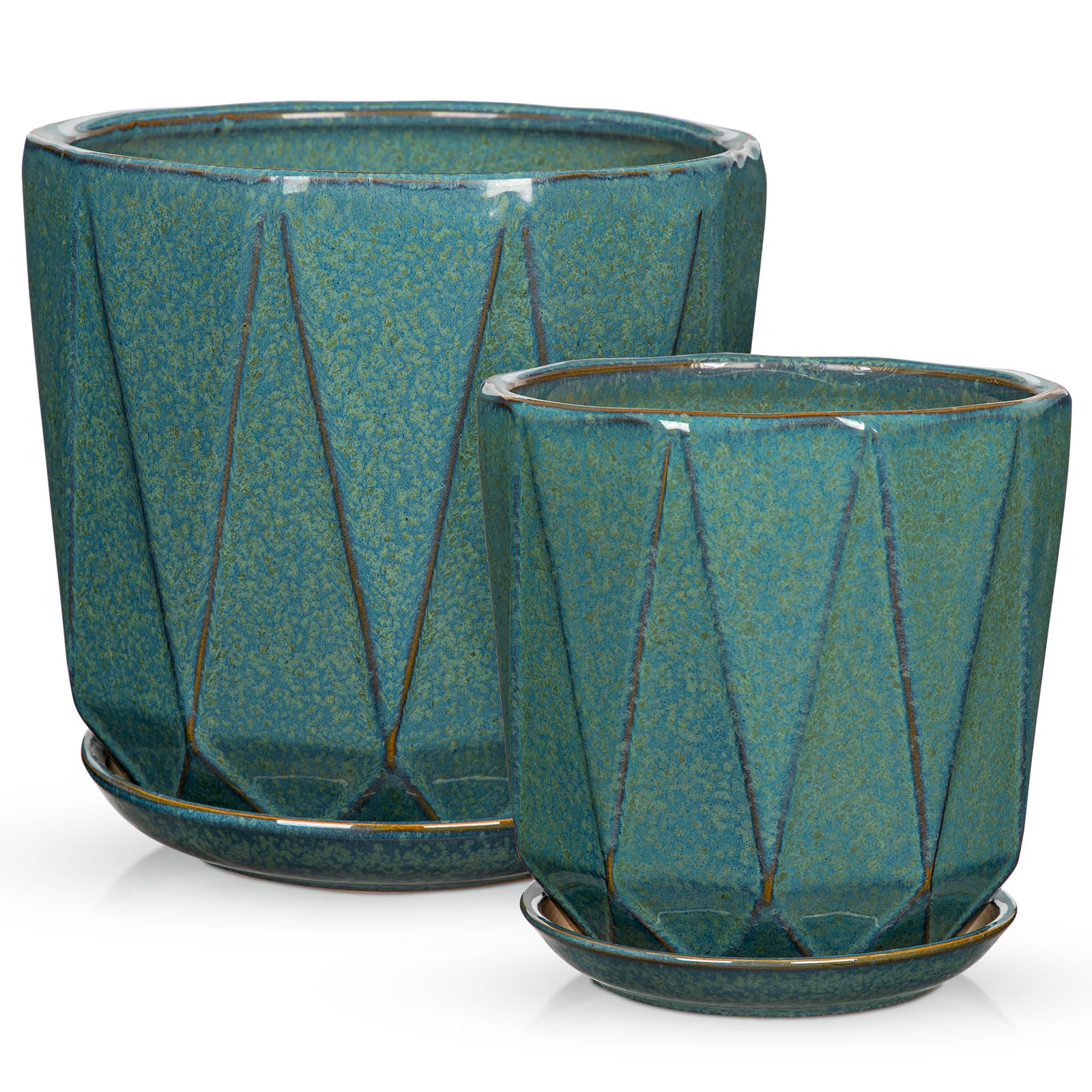 Oairse Pots de fleurs en céramique avec trous de drainage et soucoupes pour plantes d'intérieur et d'extérieur, 20 + 15 cm, vert