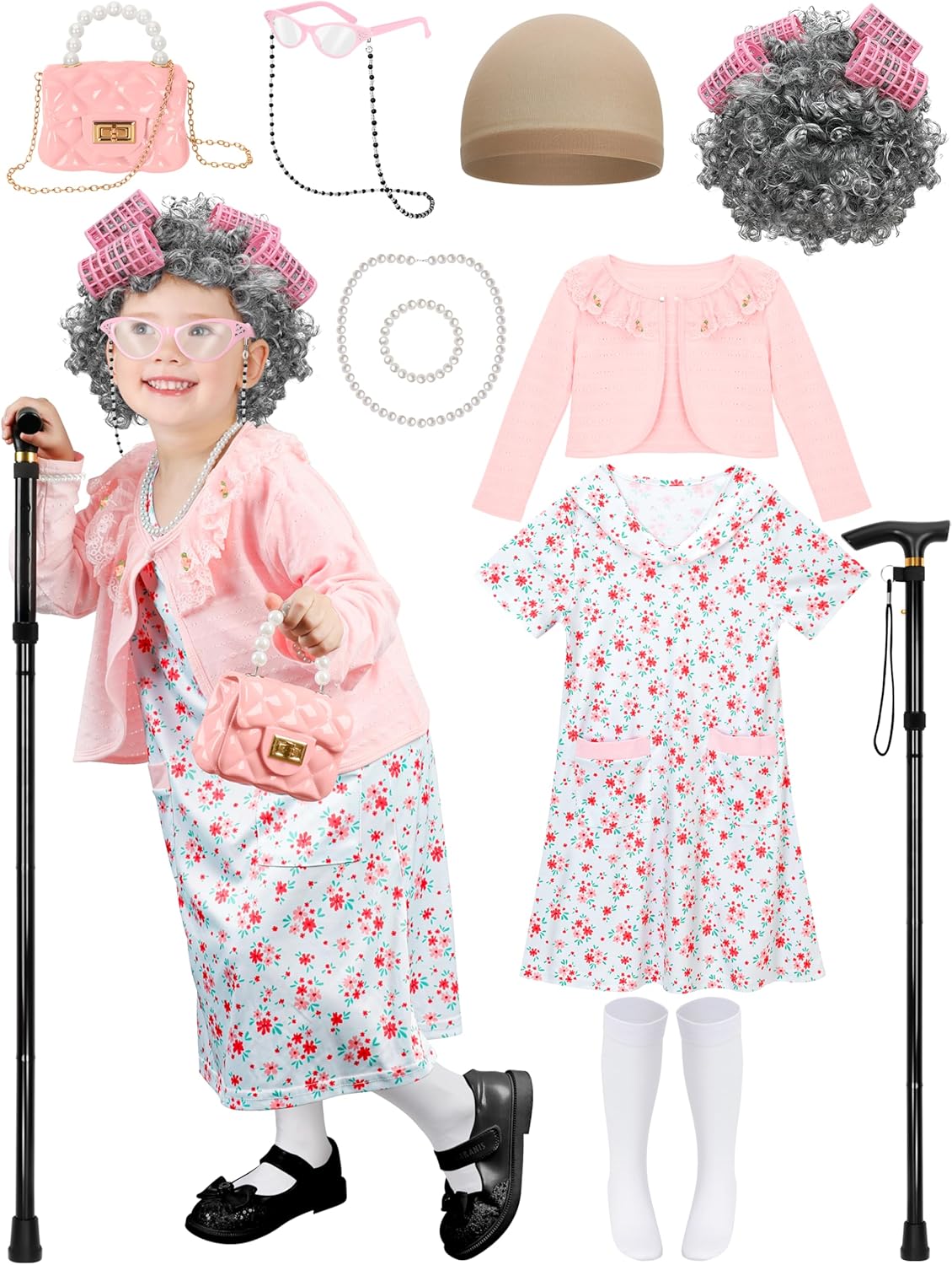 100 Days of School Cosplay Set for Girls, Old Lady Dress Up for Kids, 100th Day School Granny Wig Accessories Outfit Pink White Floral Suit 5-7Y