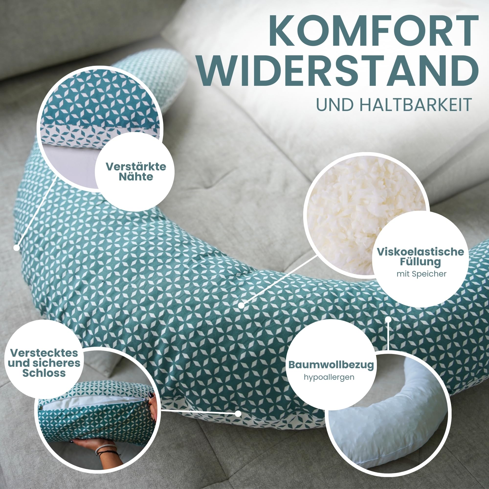 MATERNIKA 3-in-1 Schwangerschafts- und Stillkissen XL – Multifunktionales Kissen zum Schlafen, Stillen und als Babynest – Memory-Schaum-Füllung – inklusive Baby-Musselintuch