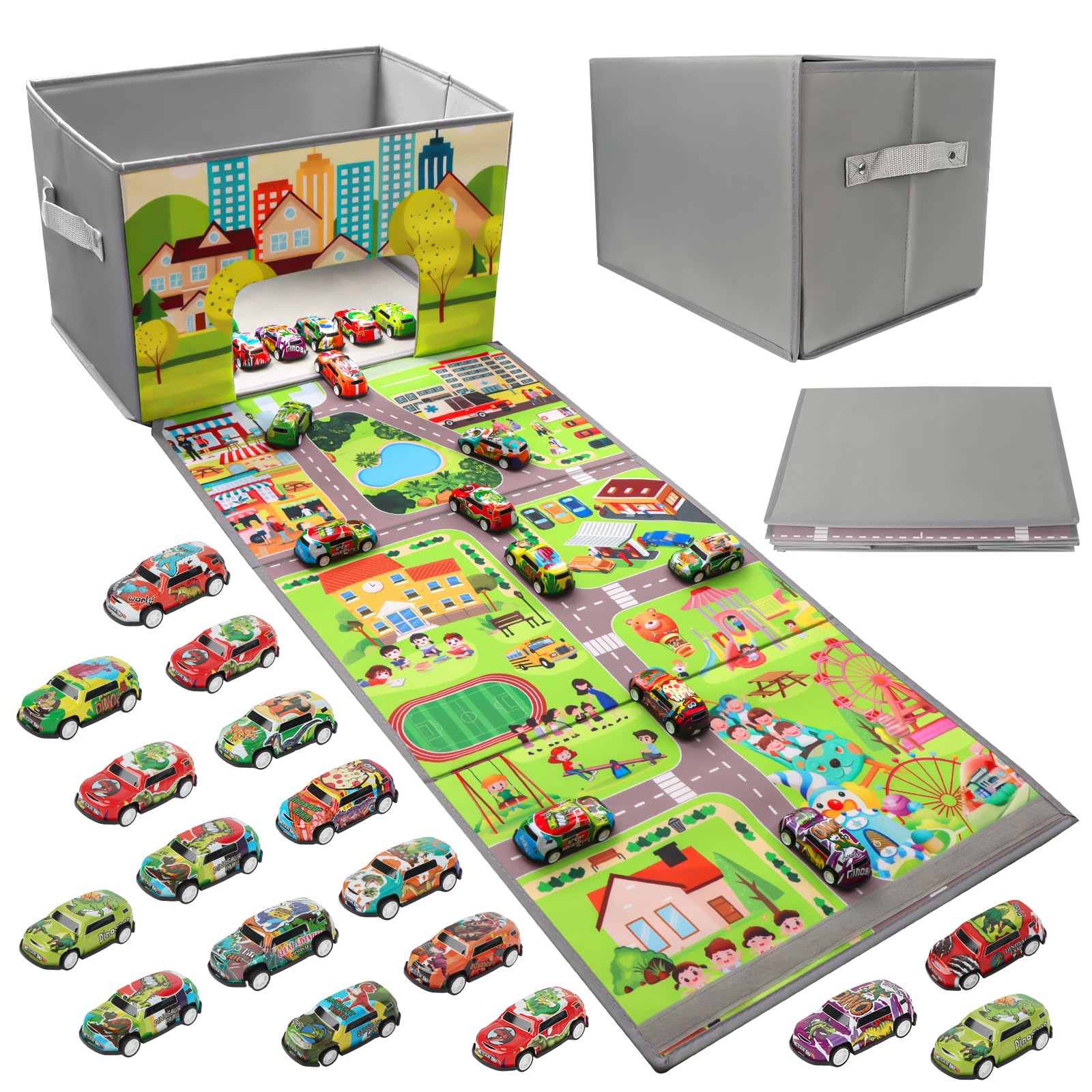Garage für Spielzeugautos mit 20 Autos, Faltbar Auto Garage Spielzeug Kinder mit Tragegriff, KapazitäT Von 200+ Spielzeugautos