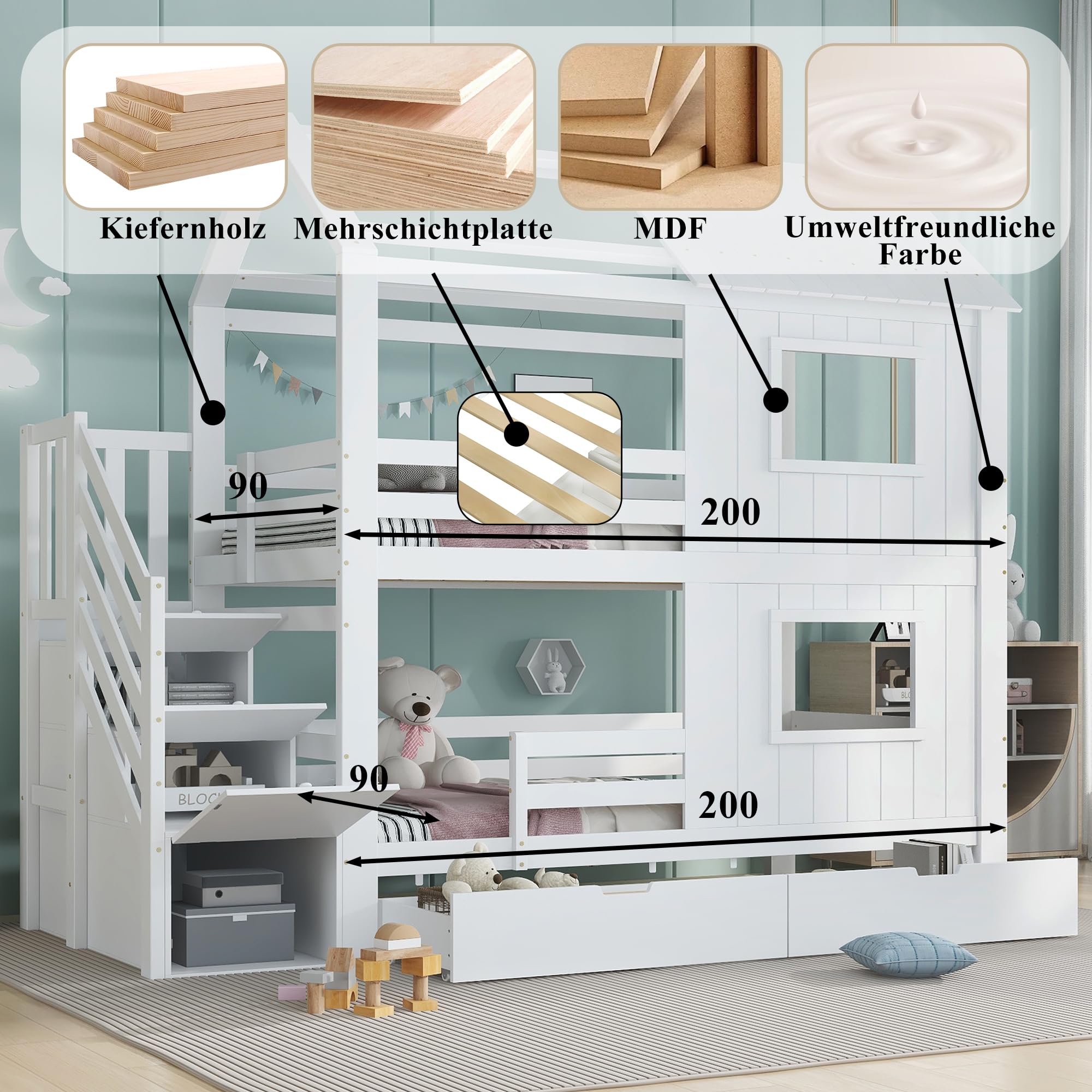 Letto a castello, 90 x 200 cm, per le scale con ripiani, cassetto portaoggetti con ruote, belle finestre e tetto, rete a doghe in legno di pino + MDF + compensato, bianco