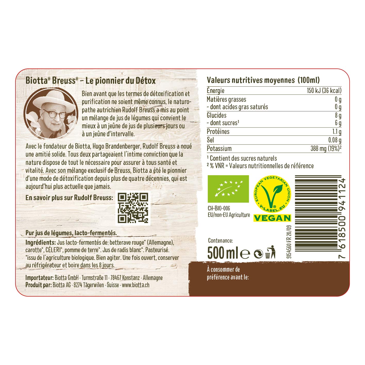 BIOTTA - Jus Breuss Original Détox - Mélange harmonieux de précieux jus de légumes 100% bio - Riche en potassium - 500ml - Fabrication Suisse - Lot de 3