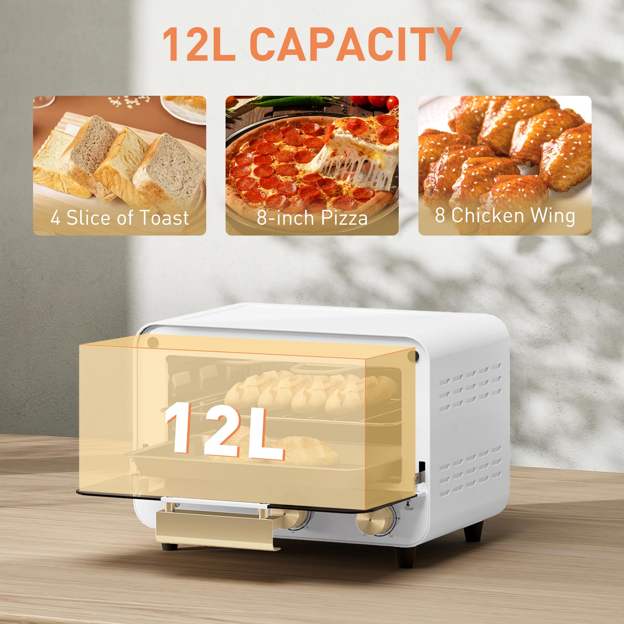 HOMCOM Four électrique 12L à 2 hauteurs avec minuterie et température réglable, mini four en acier inoxydable, verre et plastique, 31,5x27,7x22,7 cm, blanc et or