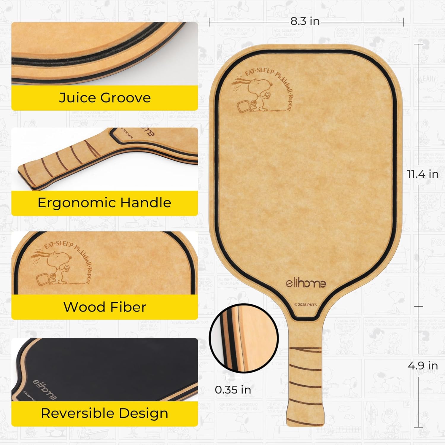 Elihome x Peanuts Pickleball Charcuterie & Cutting Board, Pickleball Gifts, Wood Fiber, Paddle Shape with Handle, Dishwasher Safe, Reversible Design, Juice Groove (Eat Sleep Pickleball Repeat)