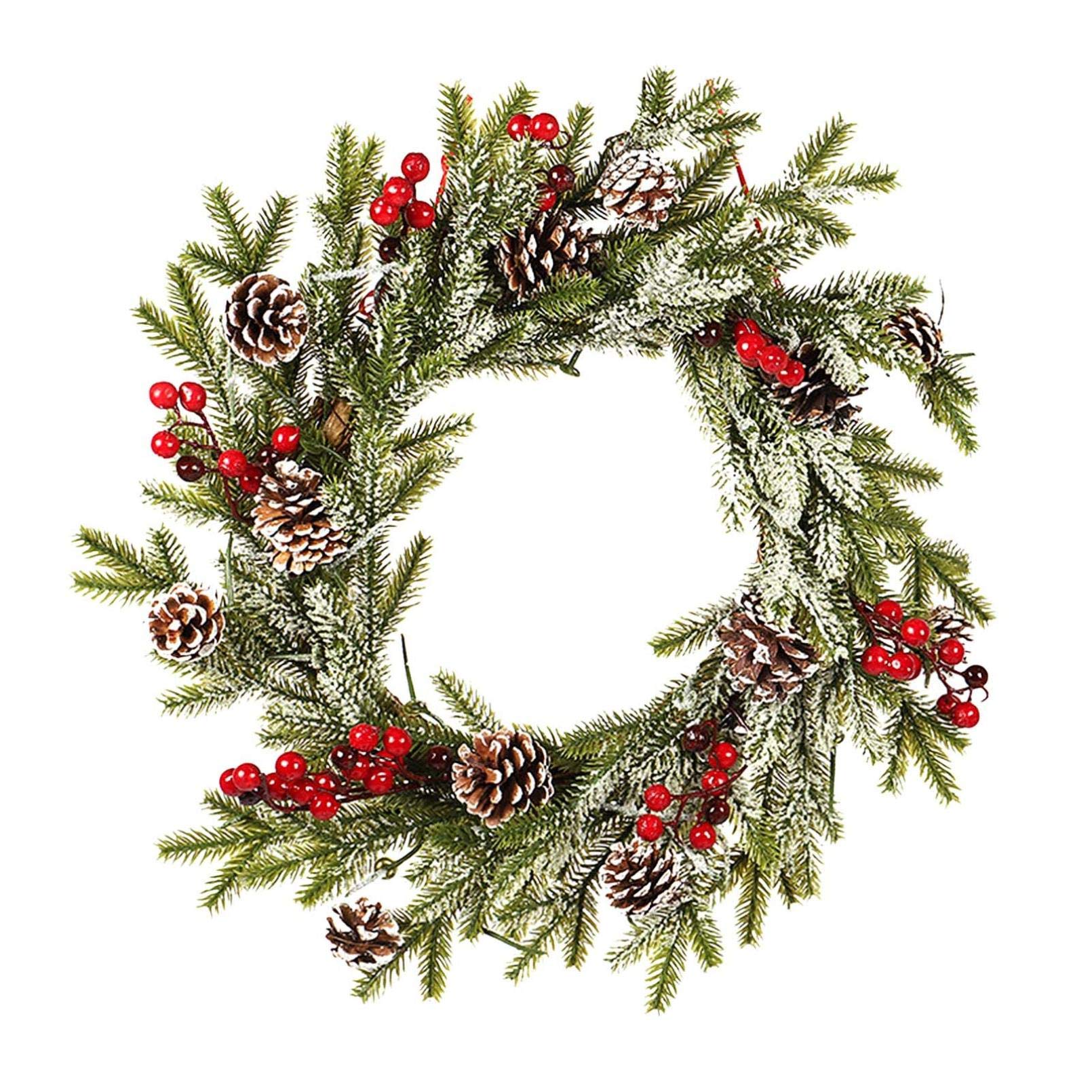 EMIKI Artificial Christmas Wreath for Front Door, Xmas Wreaths with Pine Cone, Red Berries, Bow-Knot, Festival Celebration Wall Window Party Indoor Outdoor Decoration