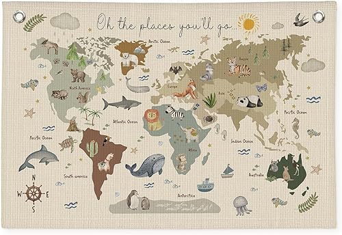 Wheatwin Decoración de sala de juegos, pancarta de mapa del mundo para niños, mapas del mundo para pared, mapa del mundo, lindo tapiz de animales