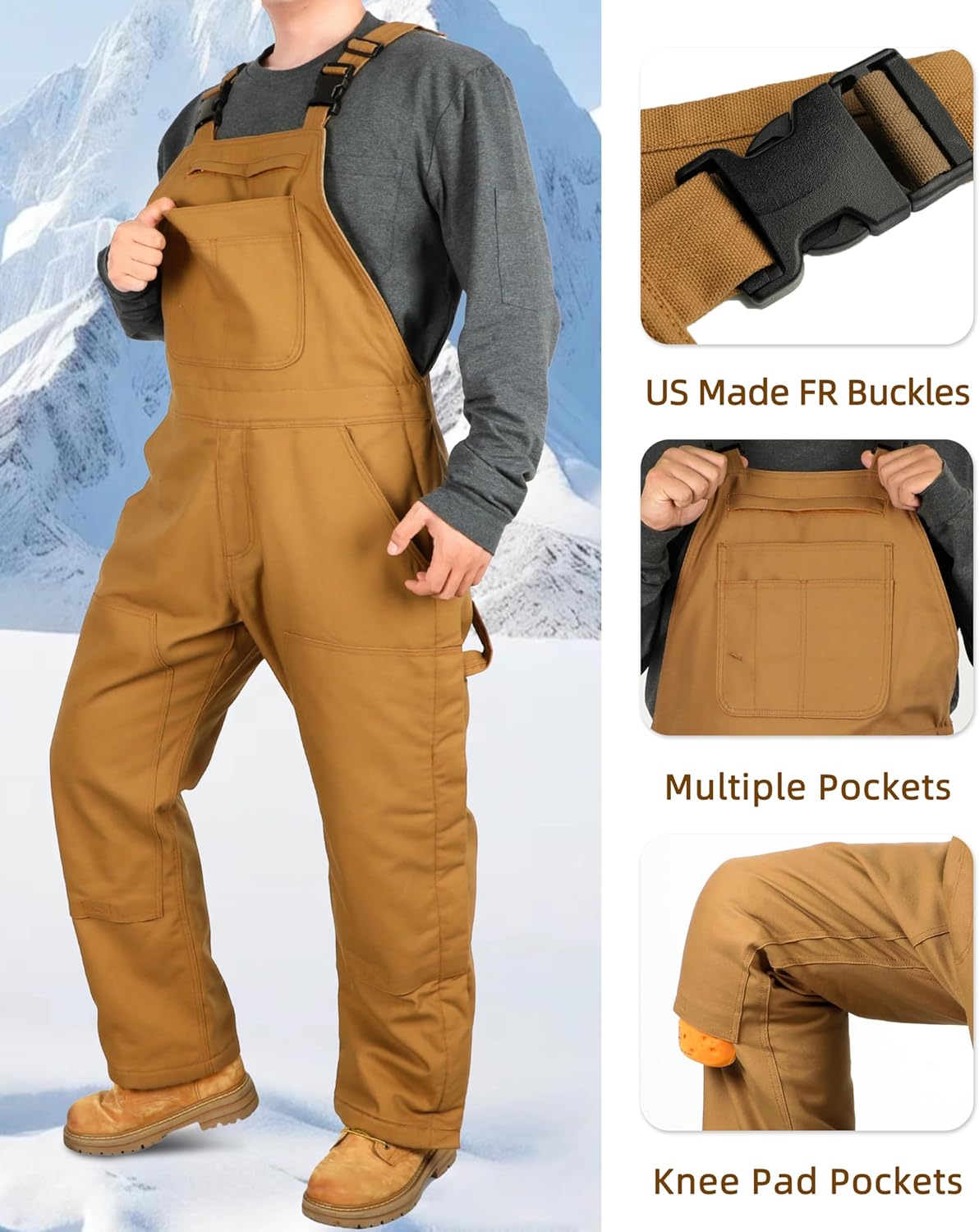 BOCOMAL Men's Insulated FR Bibs Duck Overalls for Cold Winter Thigh Leg Zippers Double Front Knee Pads Opening Loose Fit
