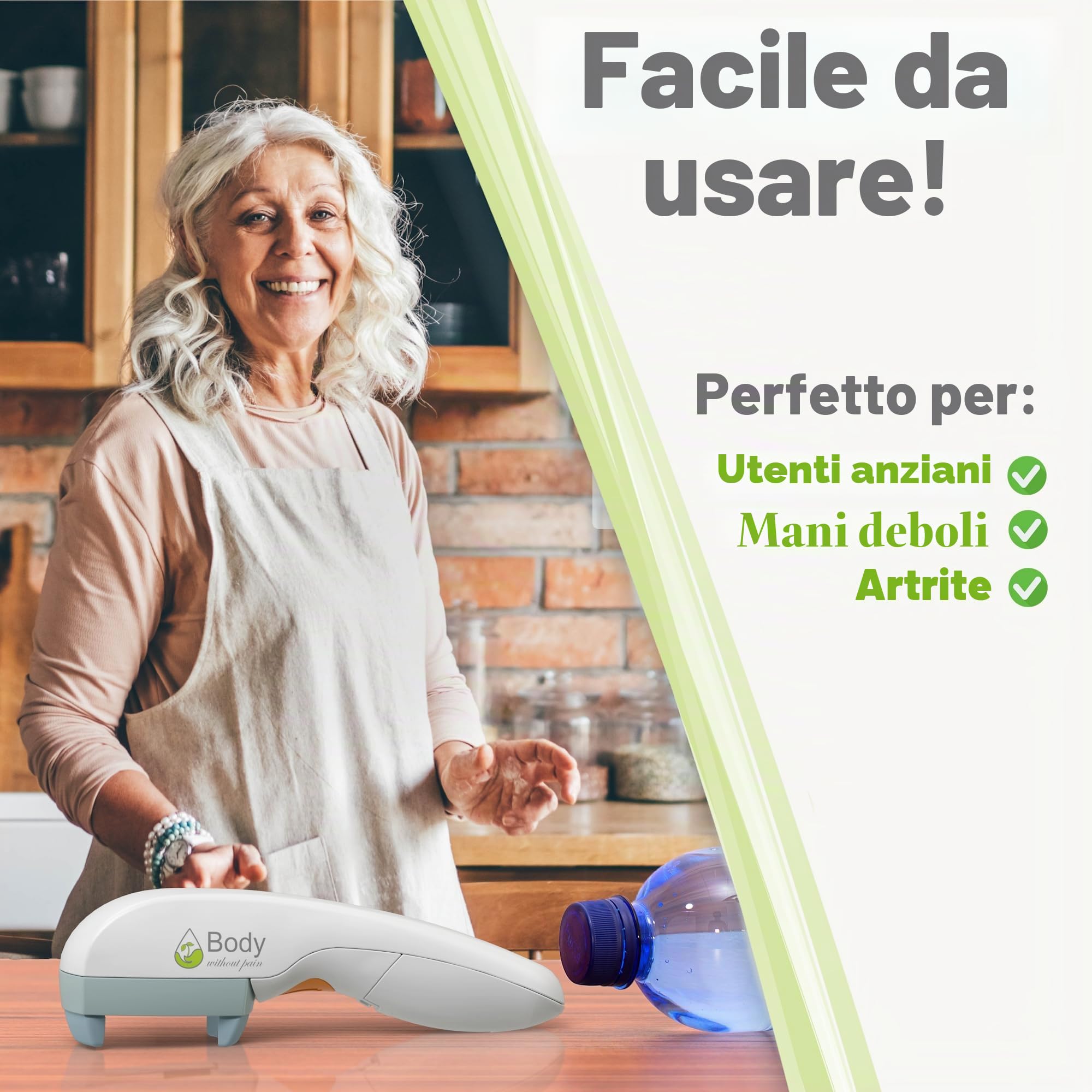 Apribottiglie elettrico per anziani, soluzione automatica per una facile apertura delle bottiglie d'acqua, ideale per mani deboli o artrite, perfetto per soda, latte, succhi di frutta, alimentato a
