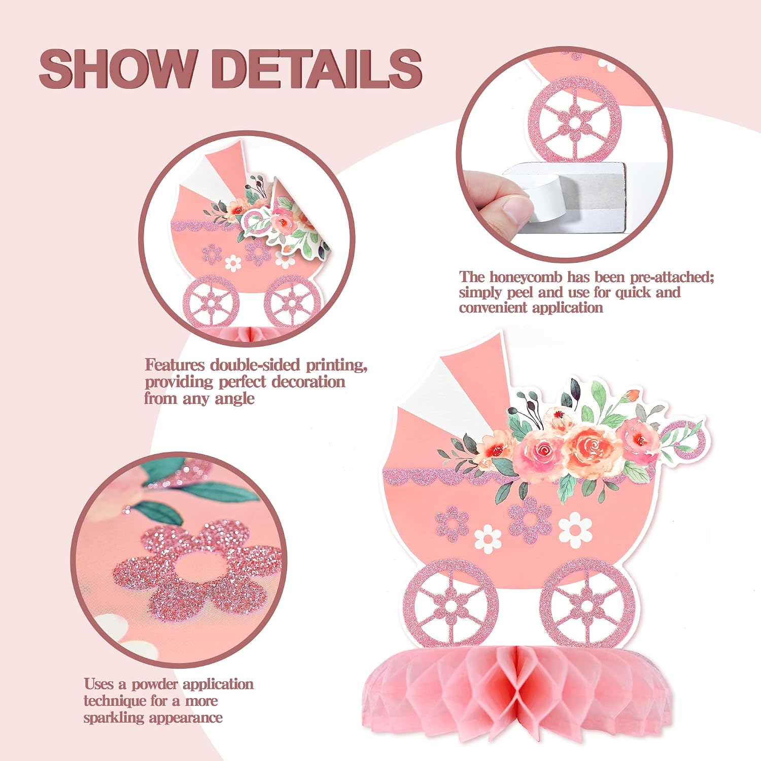 12 Pcs Baby Shower Decorations for Girl Glitter Pink Honeycomb Centerpieces image 4