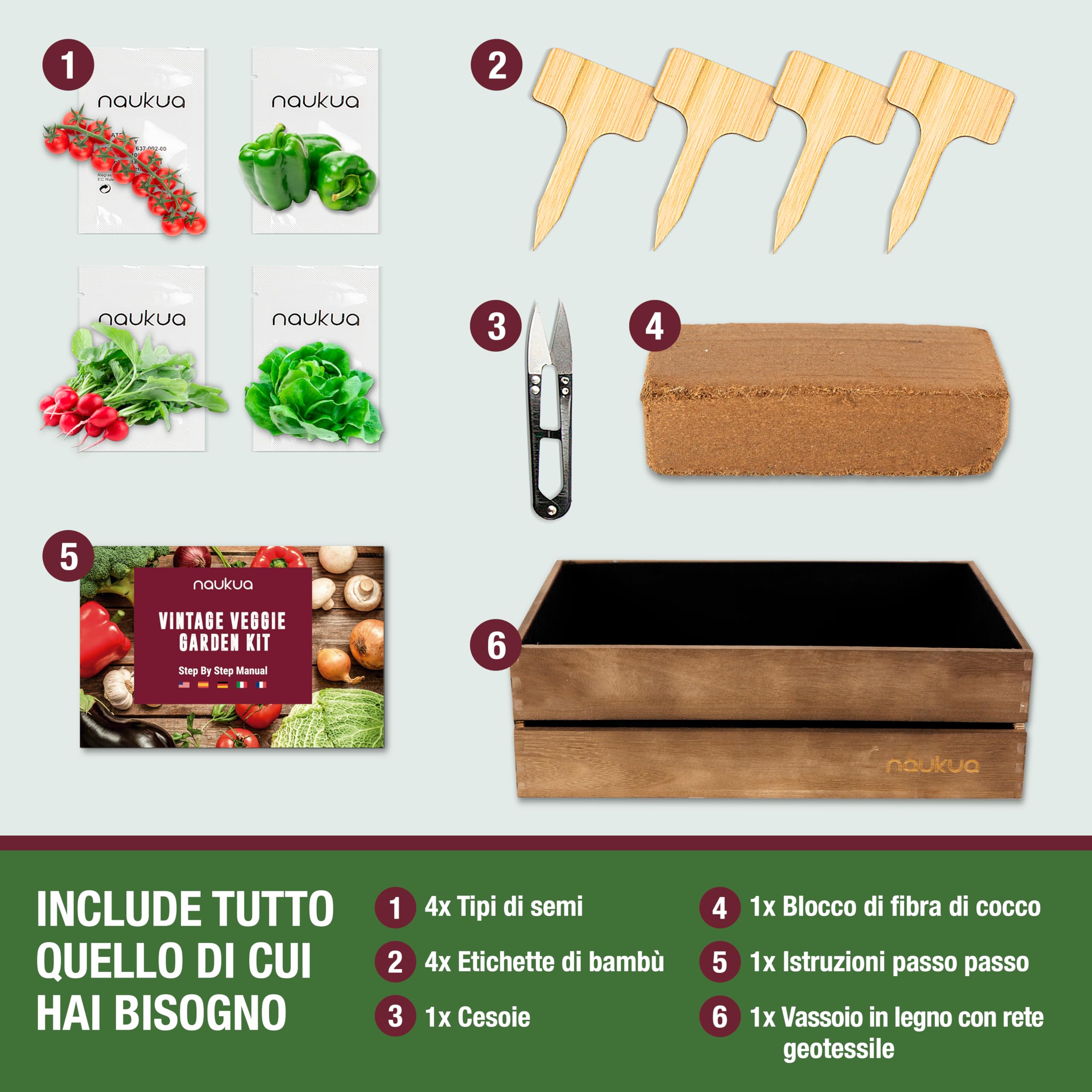 Kit Piante Vintage Coltivazione di Verdure (Lattuga, Ravanello, Peperone Verde e Pomodori Ciliegini) - Semi Organici dalla Spagna - Kit Piante Regalo Completo per Coltivare Verduri Freschi a Casa