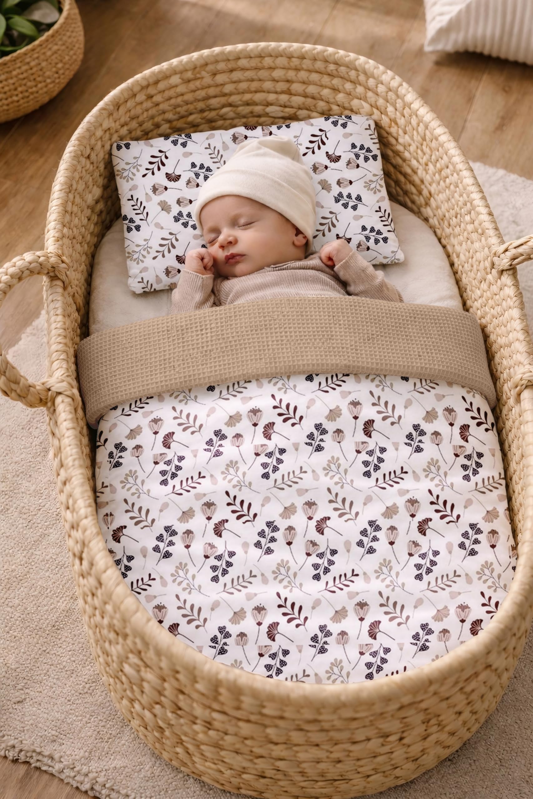 Babynest Nestchen Baby Set für Neugeborene – 5-teilig – Kuschelnest aus 100% Baumwolle & Waffelpique – Babykokon tragbar – für Babybett, Kinderbett & Kinderwagen – OEKO-TEX - Zweige und Braun