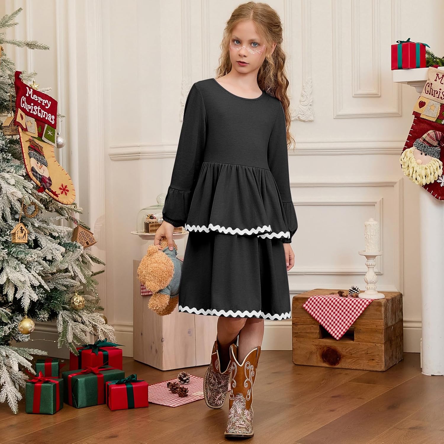 CHILDRENSTAR Girls Long Sleeves Ruffled Dress Fall Loose Fit Rickrack Tiered Flowy Twirl Dresses for Kids - Image 2