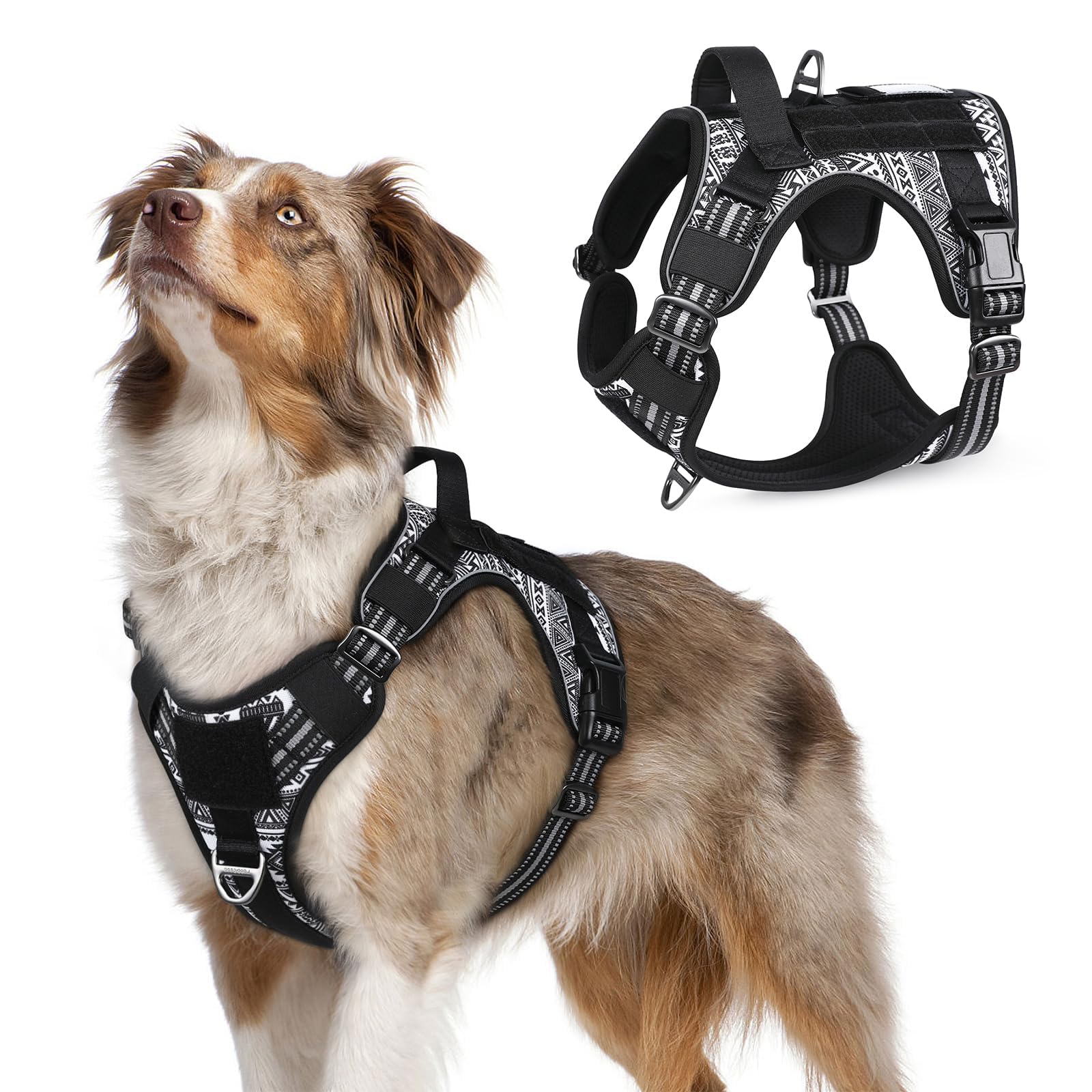 rabbitgoo Dog Harness Large Dog No Pull, Tactical Adjustable Pet Harness with Molle Panel, Breathable Military Vest, Reflective Vest with Easy Control Handle for Training Black & White Geometric M