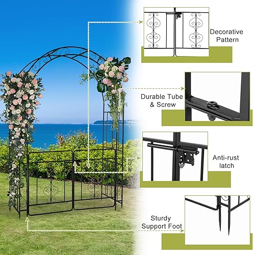 Miniatura 3 de Outvita Cenador de arco de jardín de 7 pies con puerta de entrada, arco de cenador de metal resistente, marco decorativo enrejado con estacas de