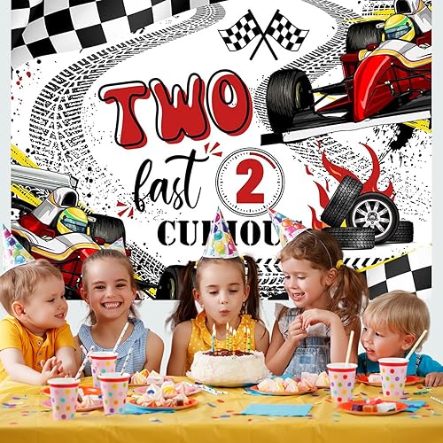 Miniatura 5 de Aperturee Telón de fondo rojo de 5 x 3 pies, con texto en inglés "Happy Birthday", dos decoraciones rápidas de segundo cumpleaños, con bandera a