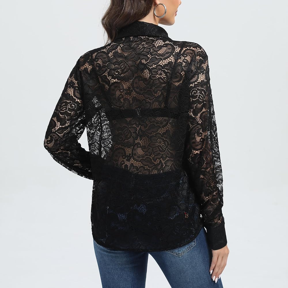 SUNNOW Womens Black Elegant Long Sleeve Lace Blouse V Neck Button