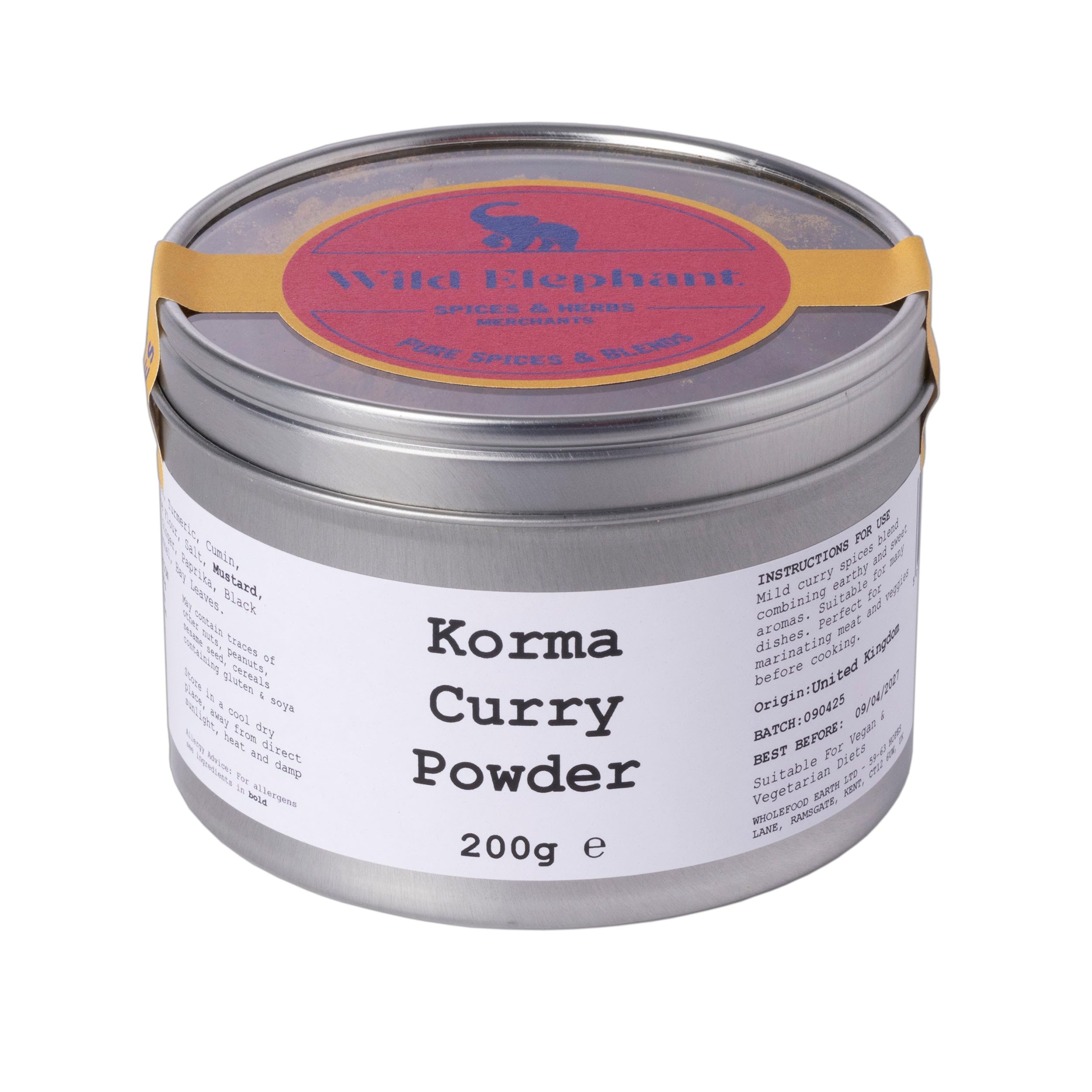 Wild Elephant Korma Curry Powder 200g - Mild Creamy Spice Blend, No Additives - For Chicken Korma, Vegetables & Rice - Made in UK